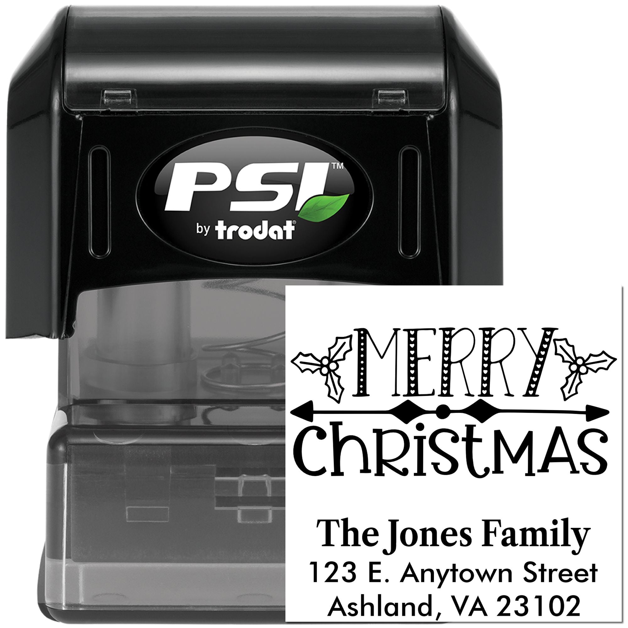 Personalized Merry Christmas address rubber stamp with family name and return address, PSI by Trodat self-inking stamp.