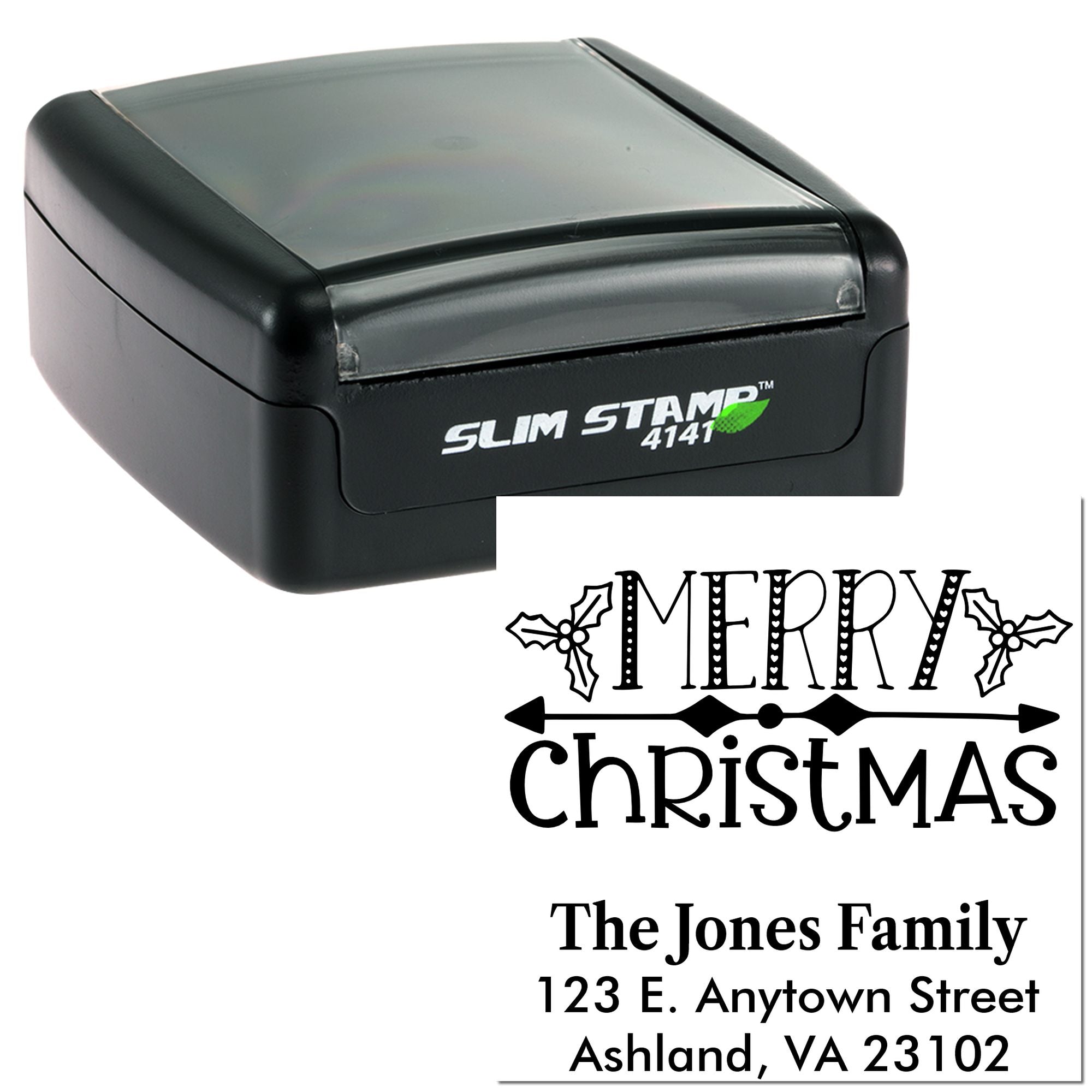Self-inking Christmas address rubber stamp with Merry Christmas design for personalized holiday cards and envelopes