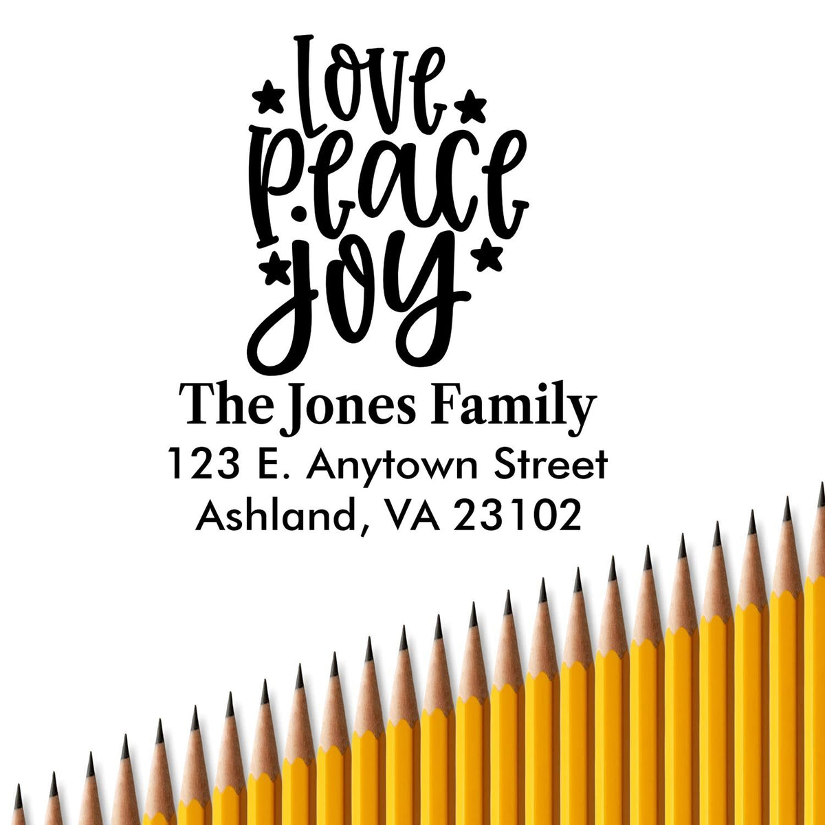 Custom rubber stamp with Love Peace Joy design and return address for personalized family cards, crafts, and envelopes.