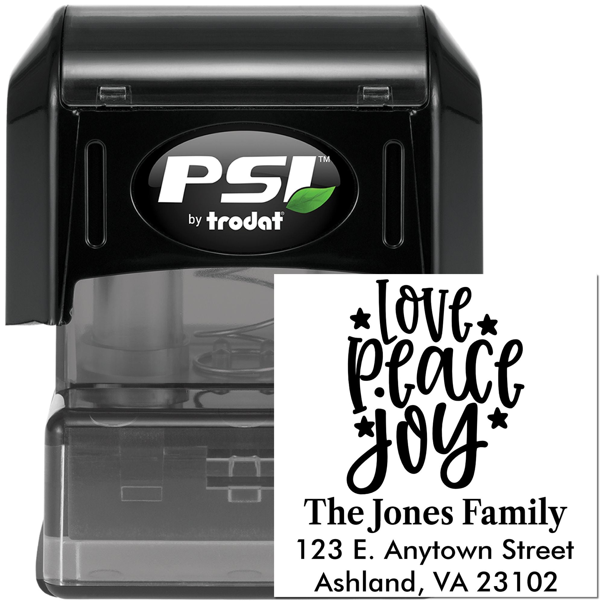 PSI by Trodat self-inking address rubber stamp with custom Love Peace Joy family design