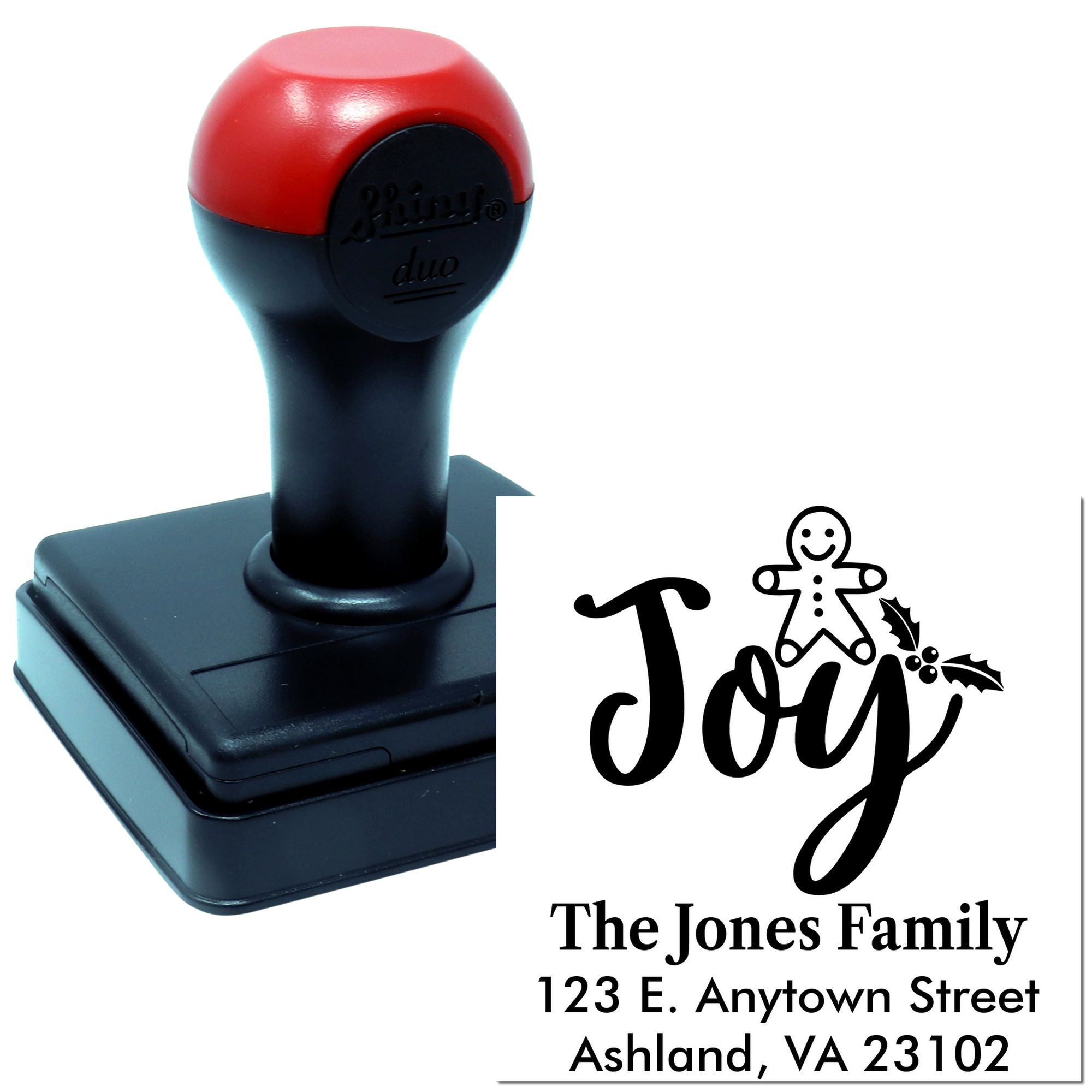 Custom self-inking rubber stamp with Joy holiday design for personalized family address labels and Christmas cards.