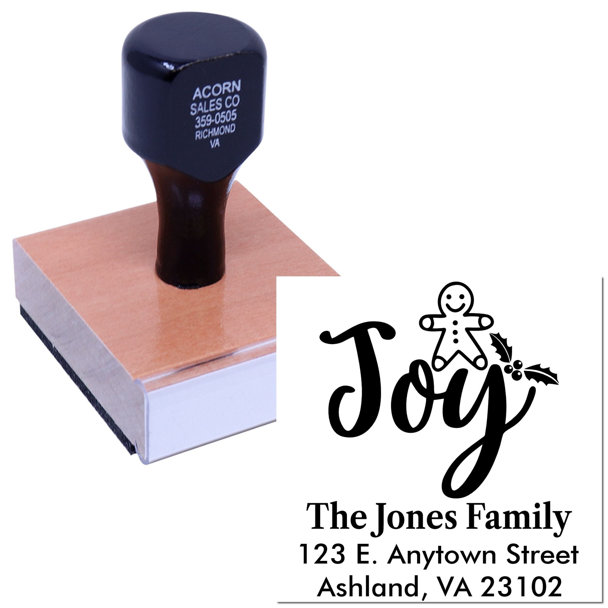Custom holiday return address rubber stamp with Joy design and family address for Christmas cards and envelopes.