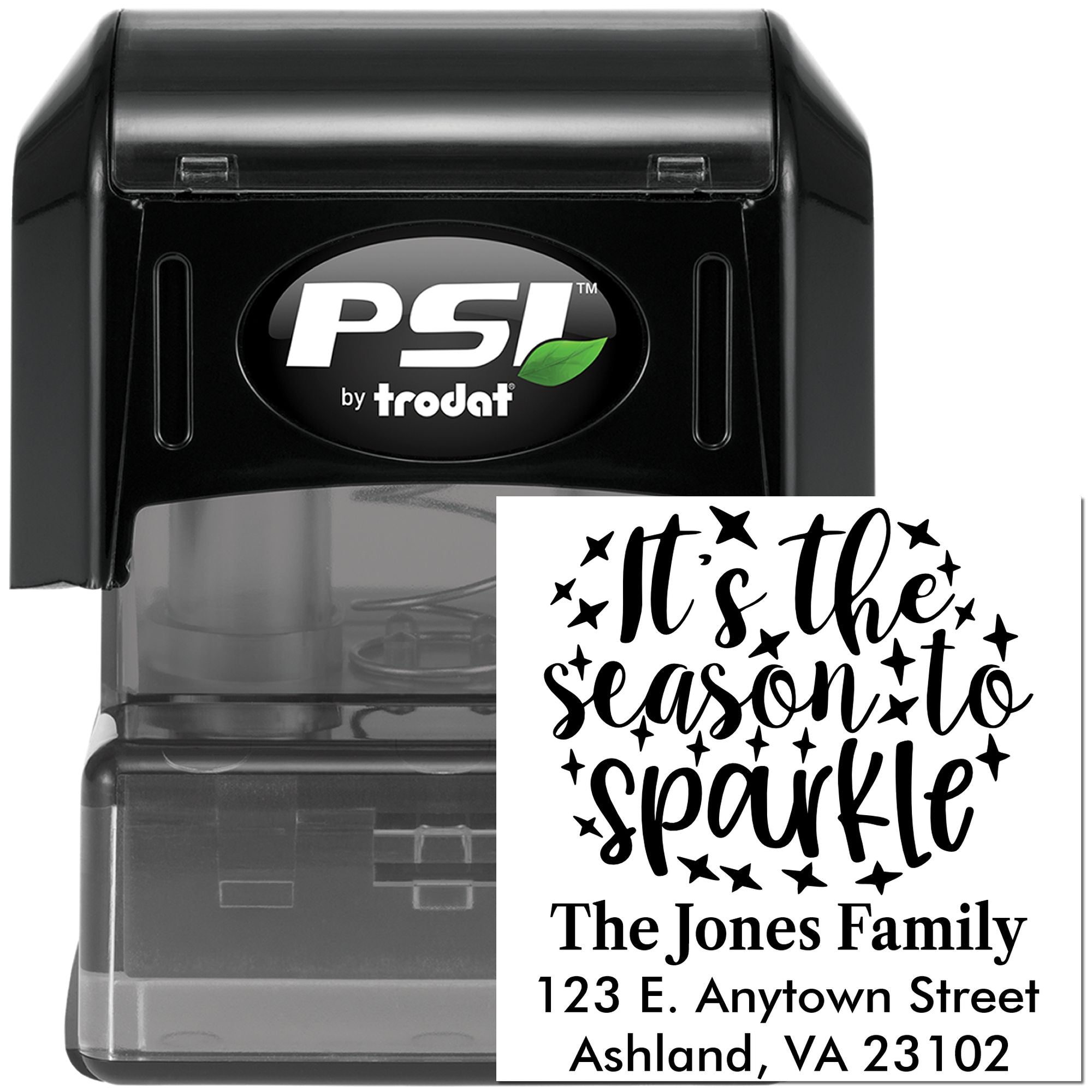 Personalized self-inking rubber stamp by PSI Trodat with holiday greeting Its the season to sparkle and return address.