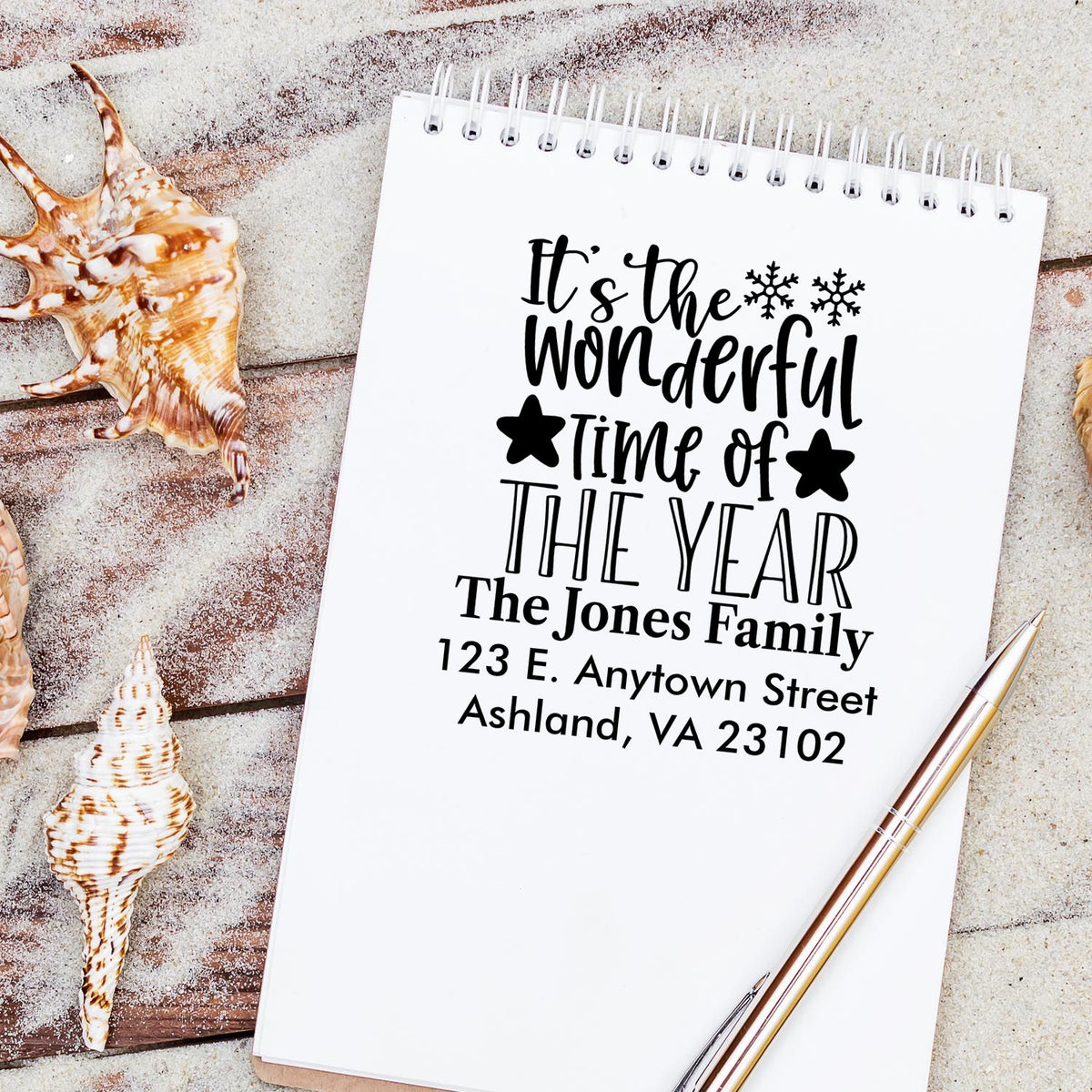 Personalized holiday return address rubber stamp design with Christmas quote, family name, and address for festive cards.