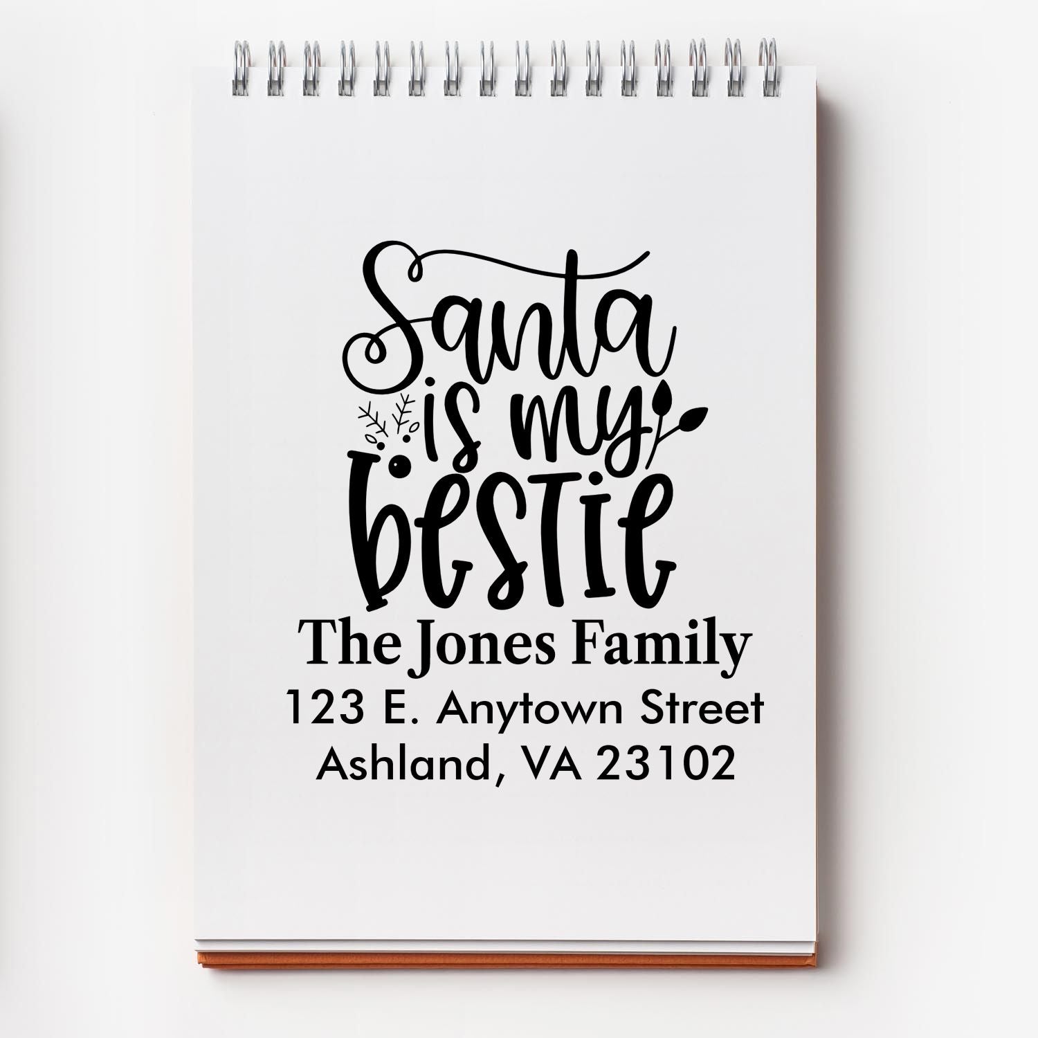 Personalized Christmas rubber stamp design with Santa is my bestie and family return address for festive holiday mailings
