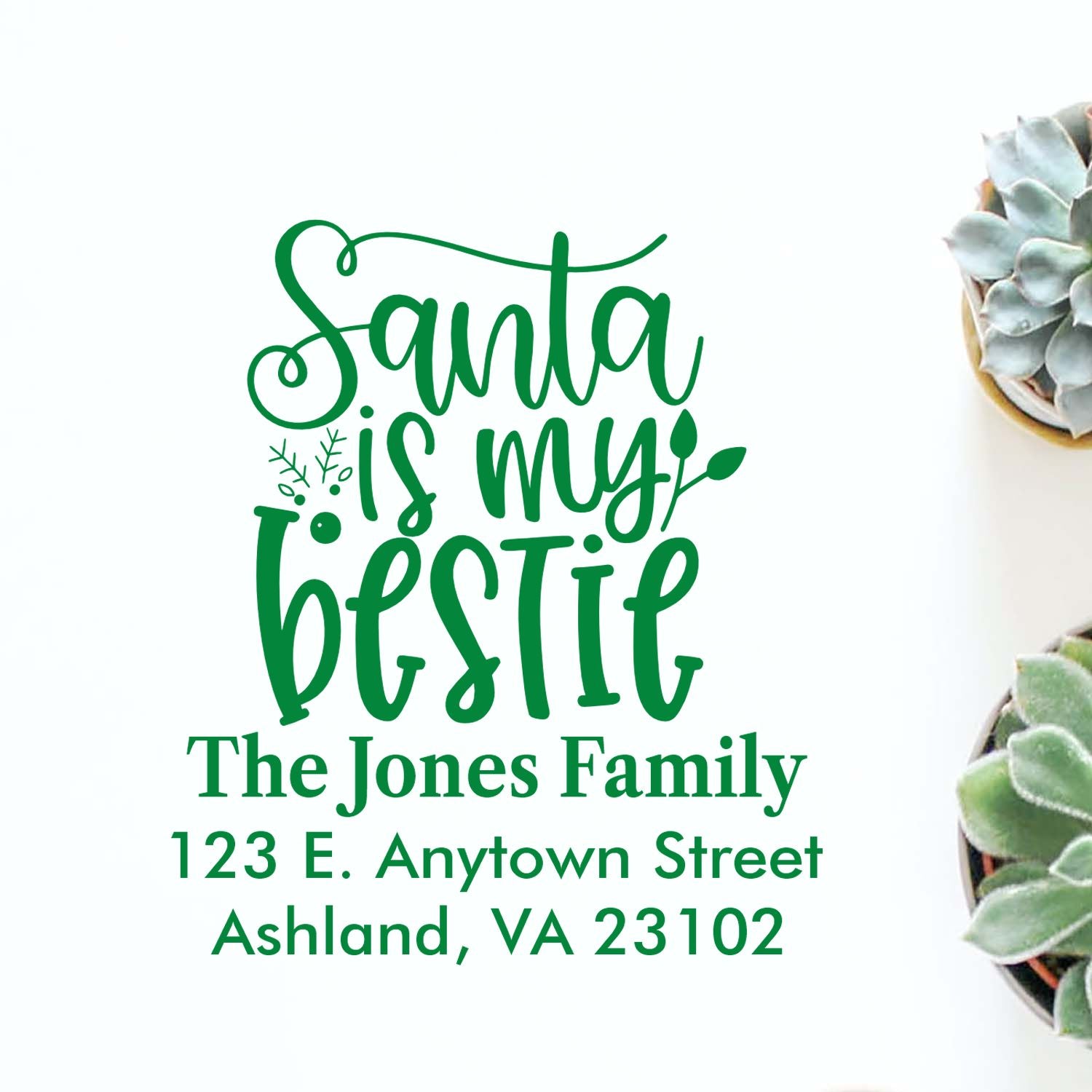 Personalized holiday address rubber stamp with Santa is my bestie for The Jones Family festive cards.