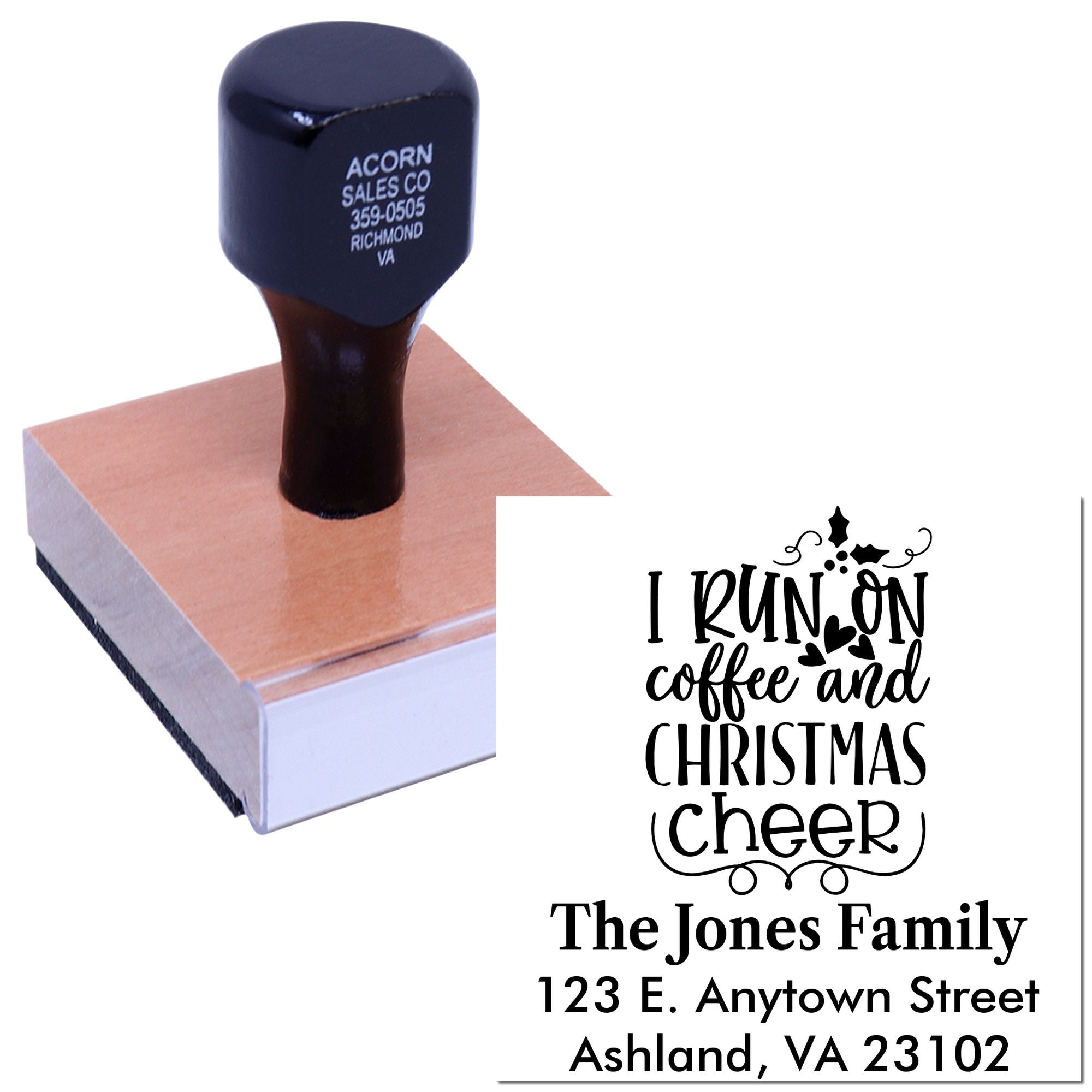 Personalized Christmas rubber stamp with coffee and cheer design, family name, and address imprint.