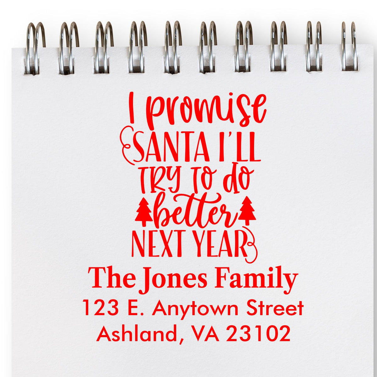 Custom Christmas address rubber stamp with I promise Santa Ill try to do better next year and personalized family address.