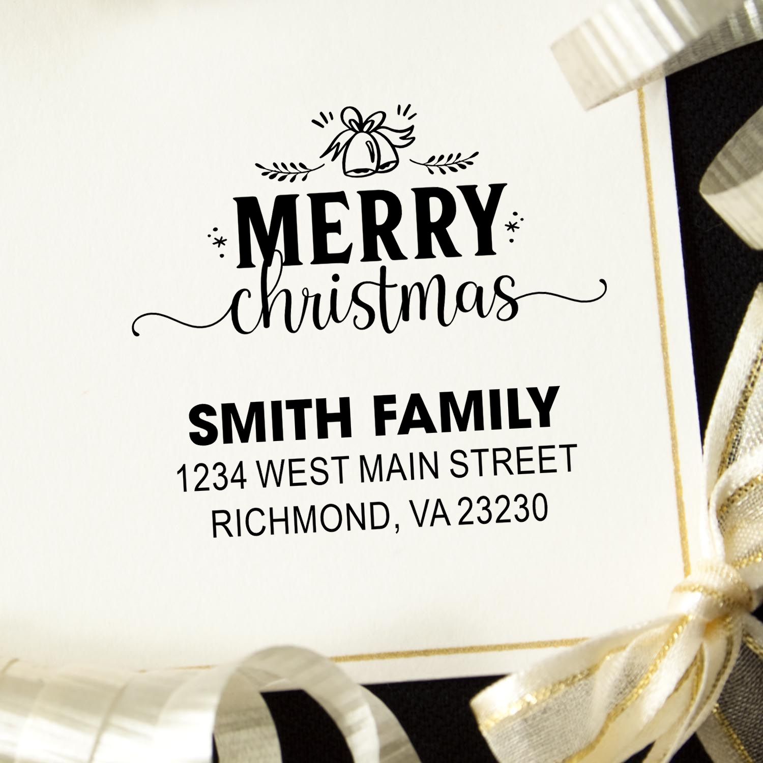 Personalized Merry Christmas return address rubber stamp for Smith Family holiday cards and envelopes.