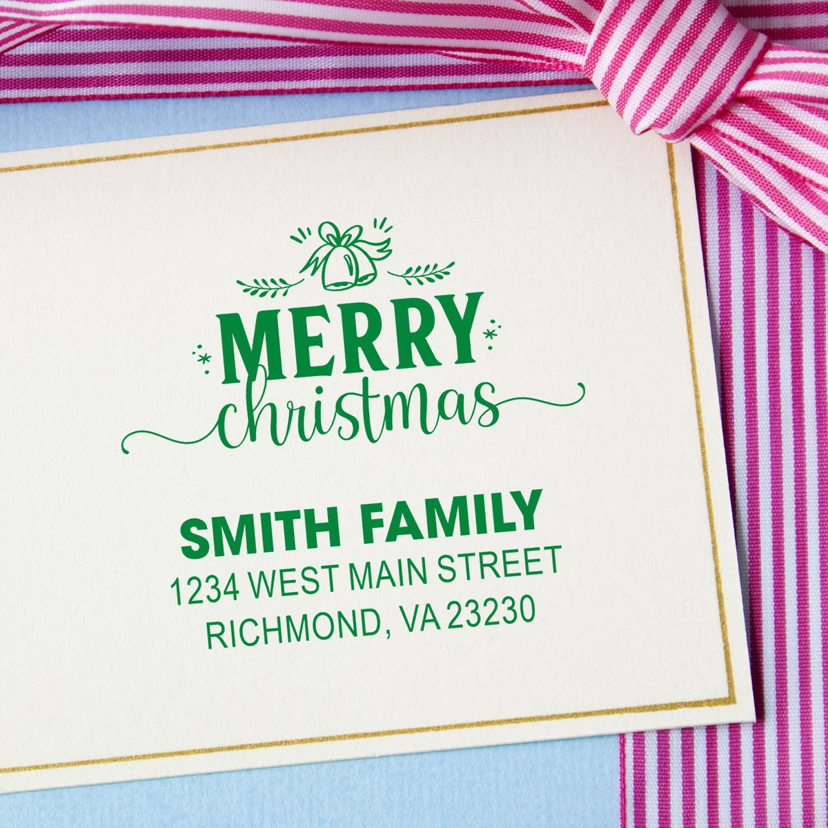 Personalized Merry Christmas rubber stamp for holiday cards, featuring Smith Family name and address.