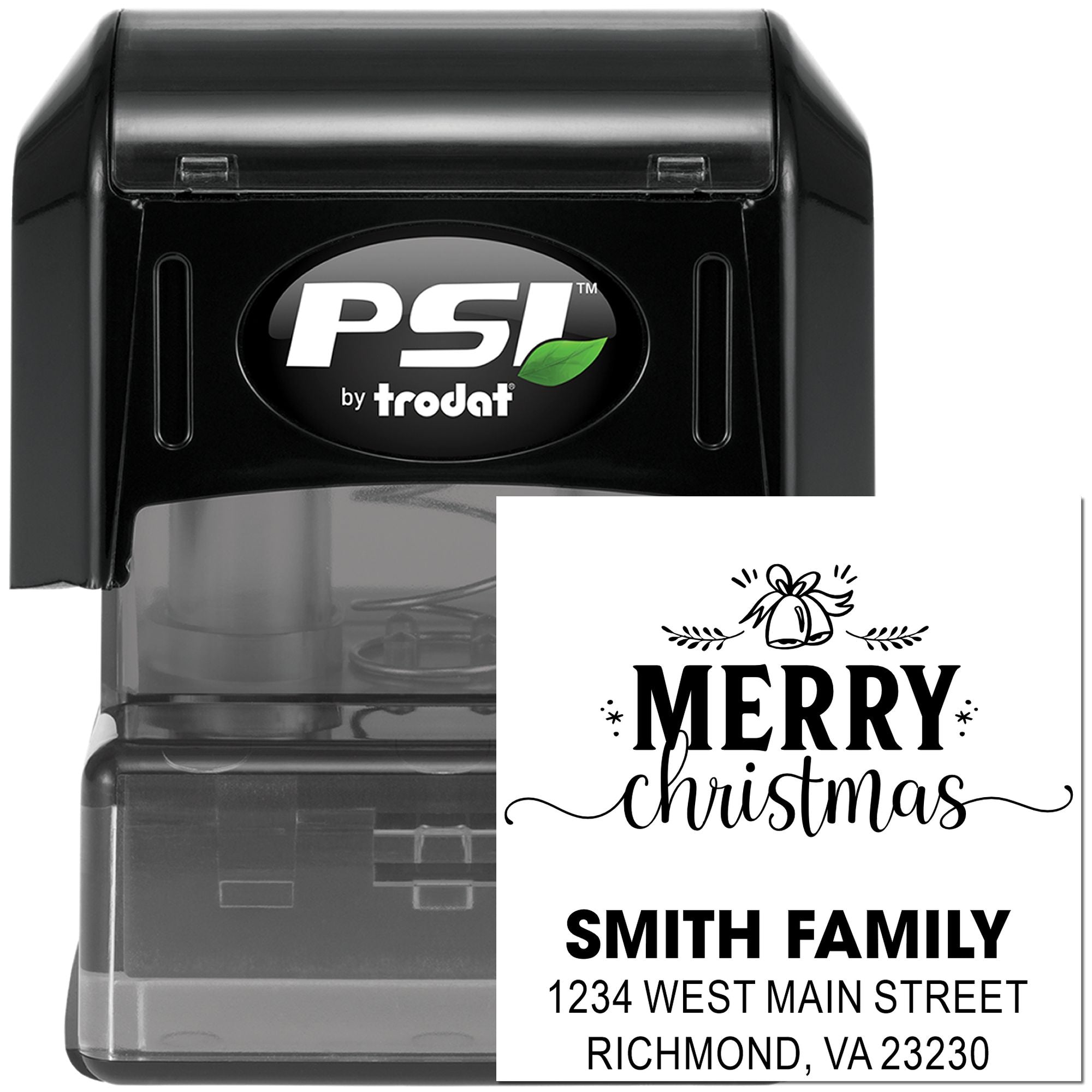 Custom Merry Christmas self-inking rubber stamp with family name and return address, PSI by Trodat