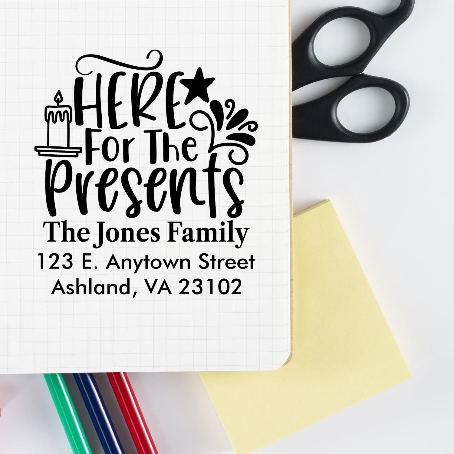 Personalized Christmas return address rubber stamp design reading Here for the Presents with family name for holiday cards.