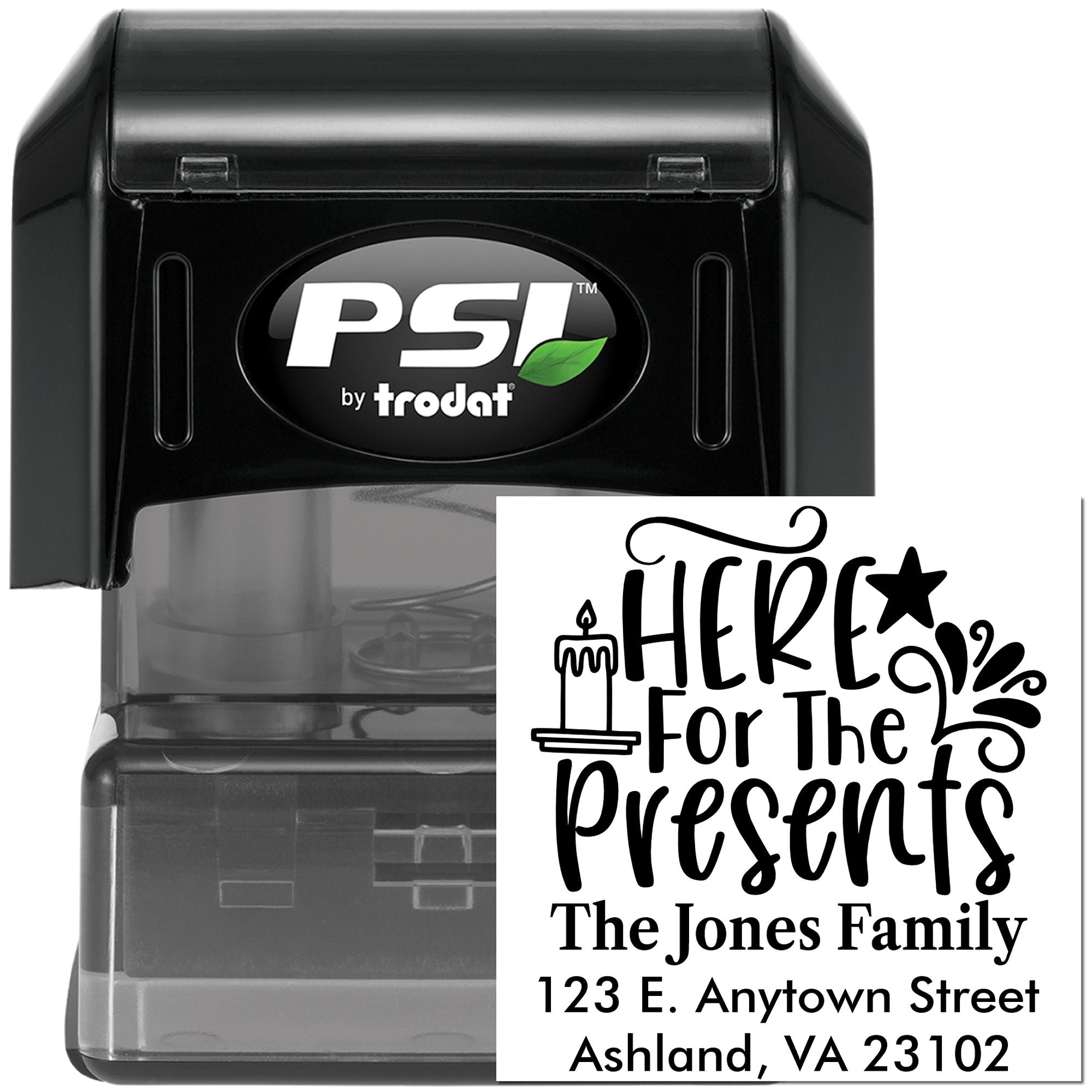 Custom Christmas return address rubber stamp with Here for the Presents design, PSI by Trodat self-inking stamp