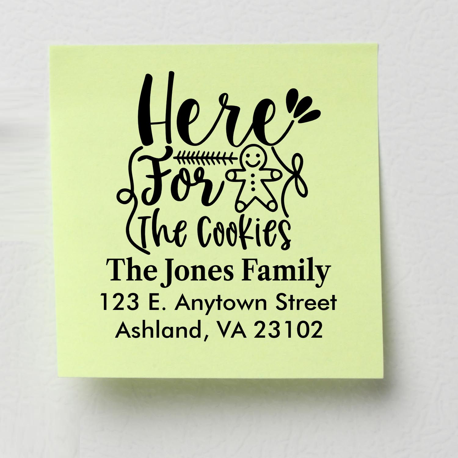 Personalized rubber stamp reading Here for the Cookies with family name and address, perfect for holiday cookie exchange mailings.
