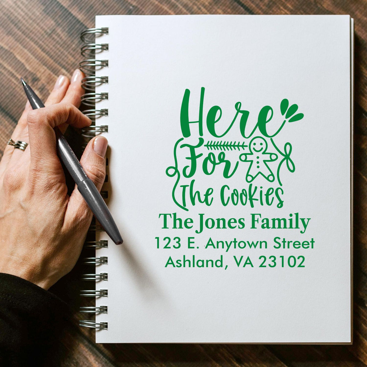 Custom holiday rubber stamp with Here for the Cookies and personalized family address.