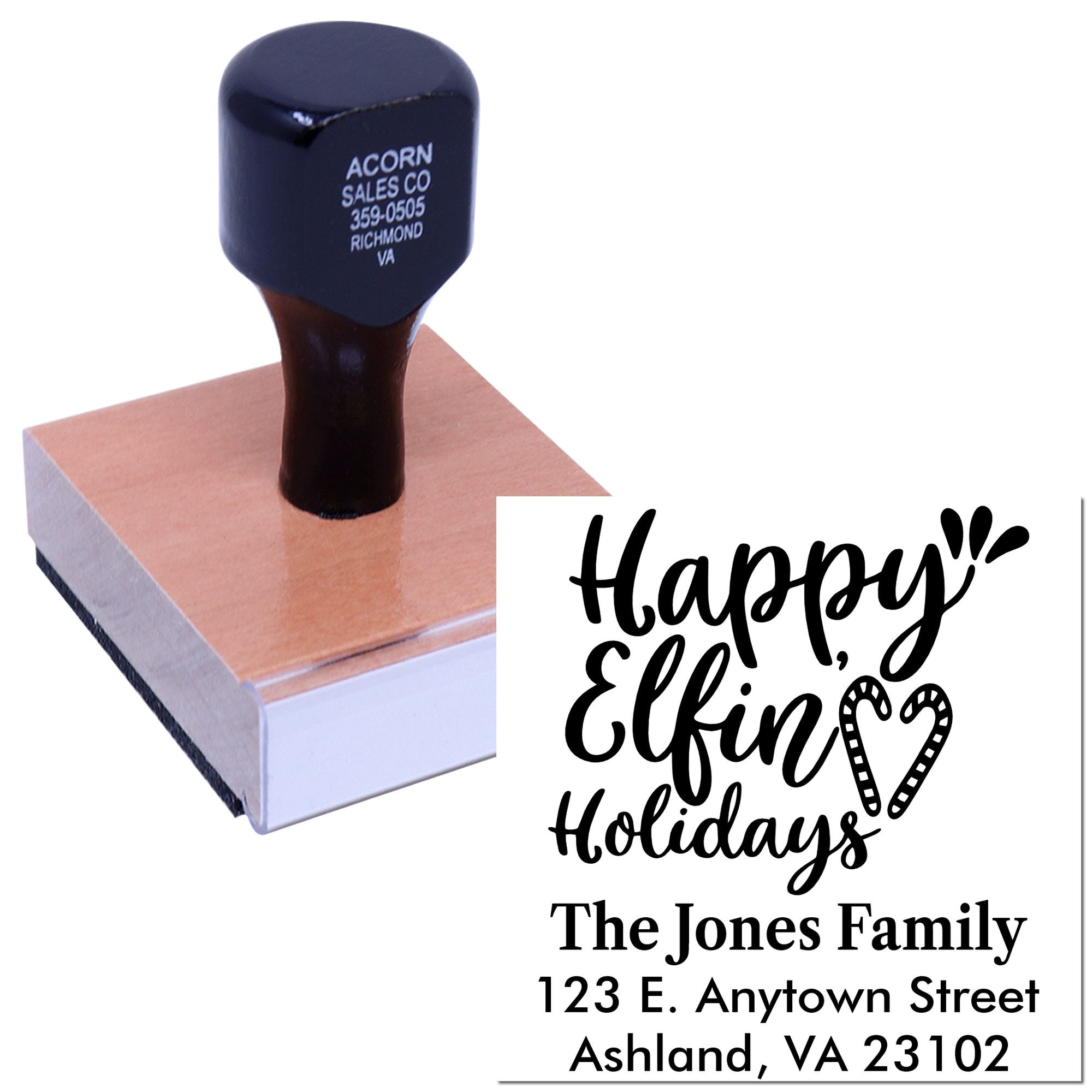 Custom holiday return address rubber stamp with Happy Elfin Holidays design and family name on a stamp block.
