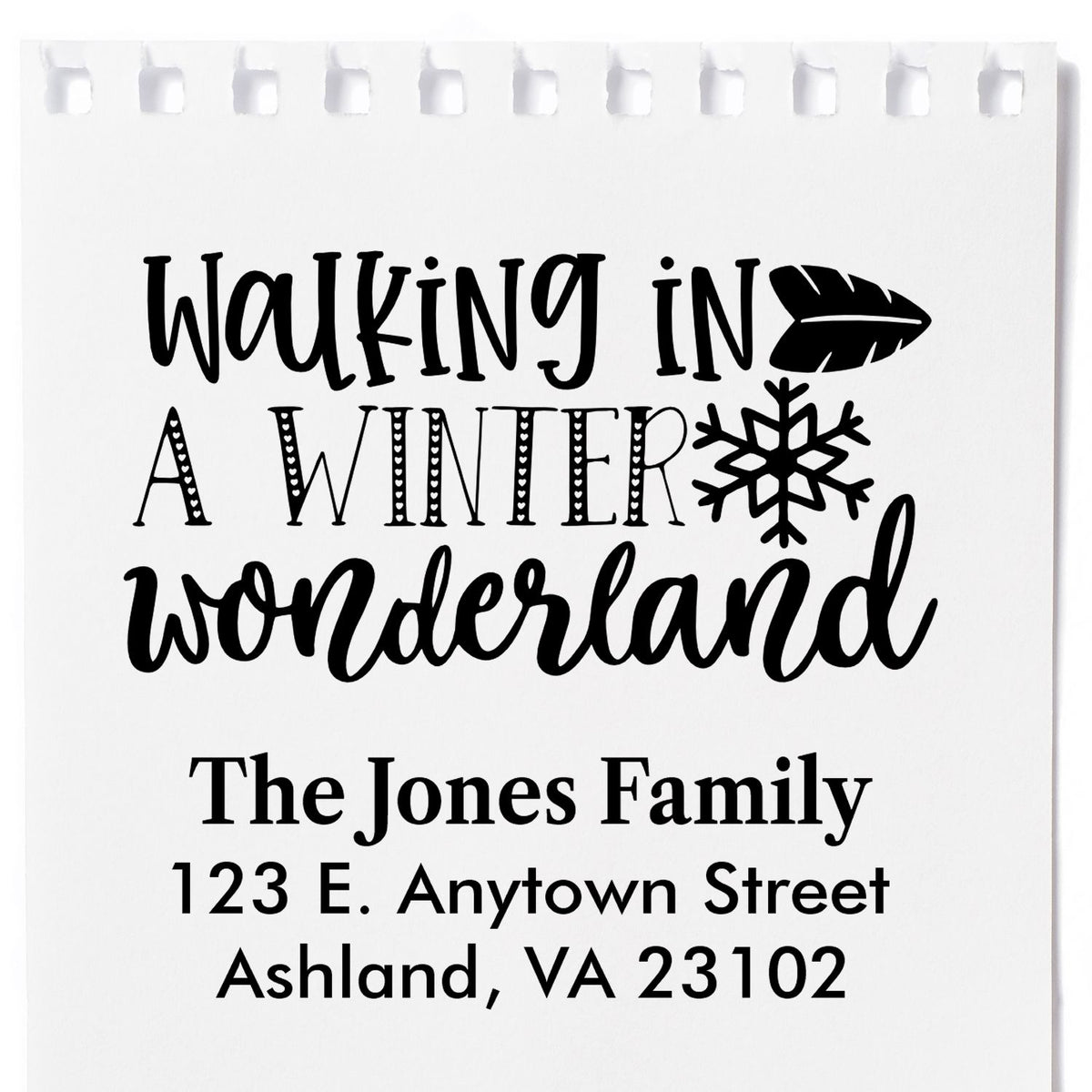 Personalized rubber stamp design with Walking in a Winter Wonderland and The Jones Family address block.