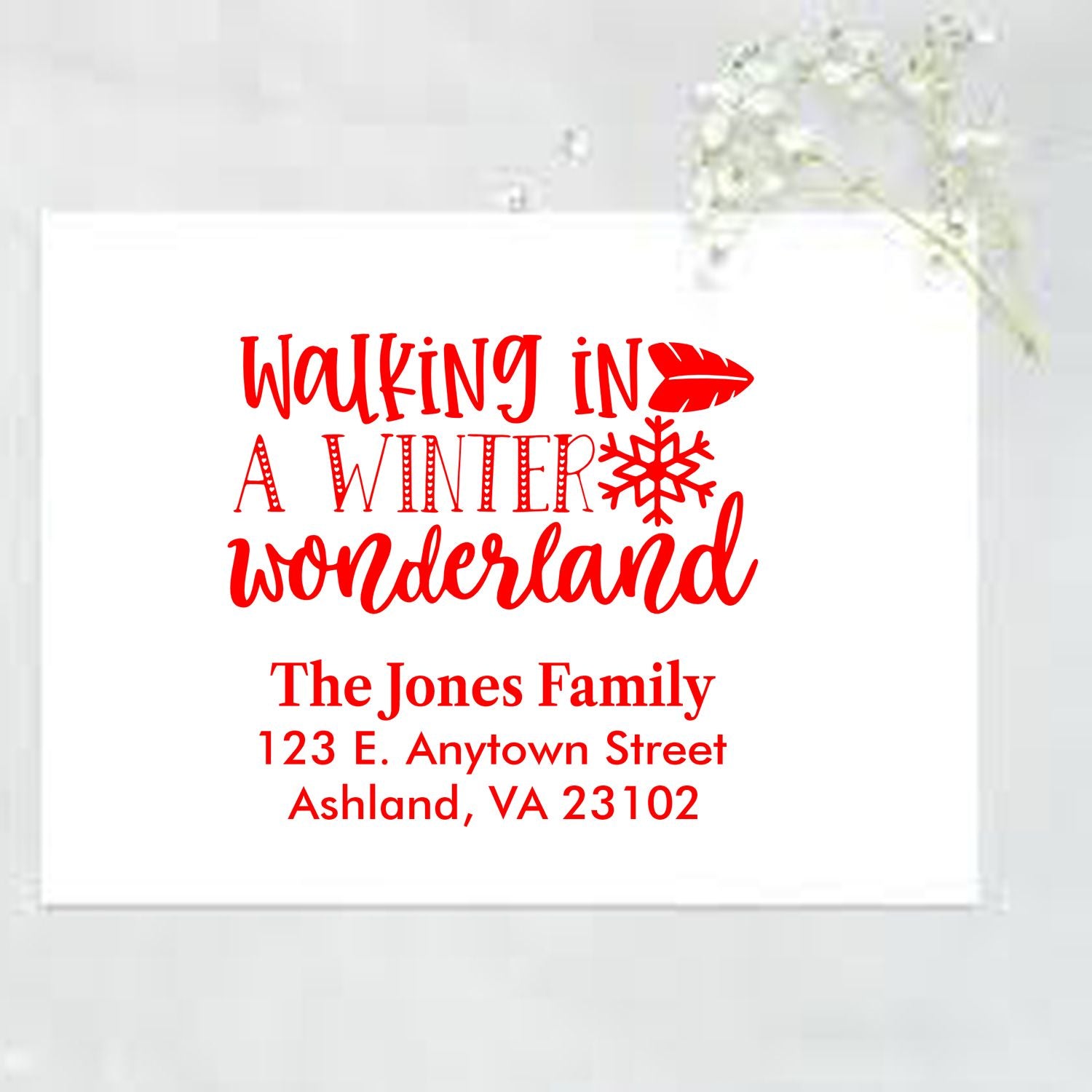 Custom Christmas return address rubber stamp with Walking in a Winter Wonderland design for holiday cards and mailings.