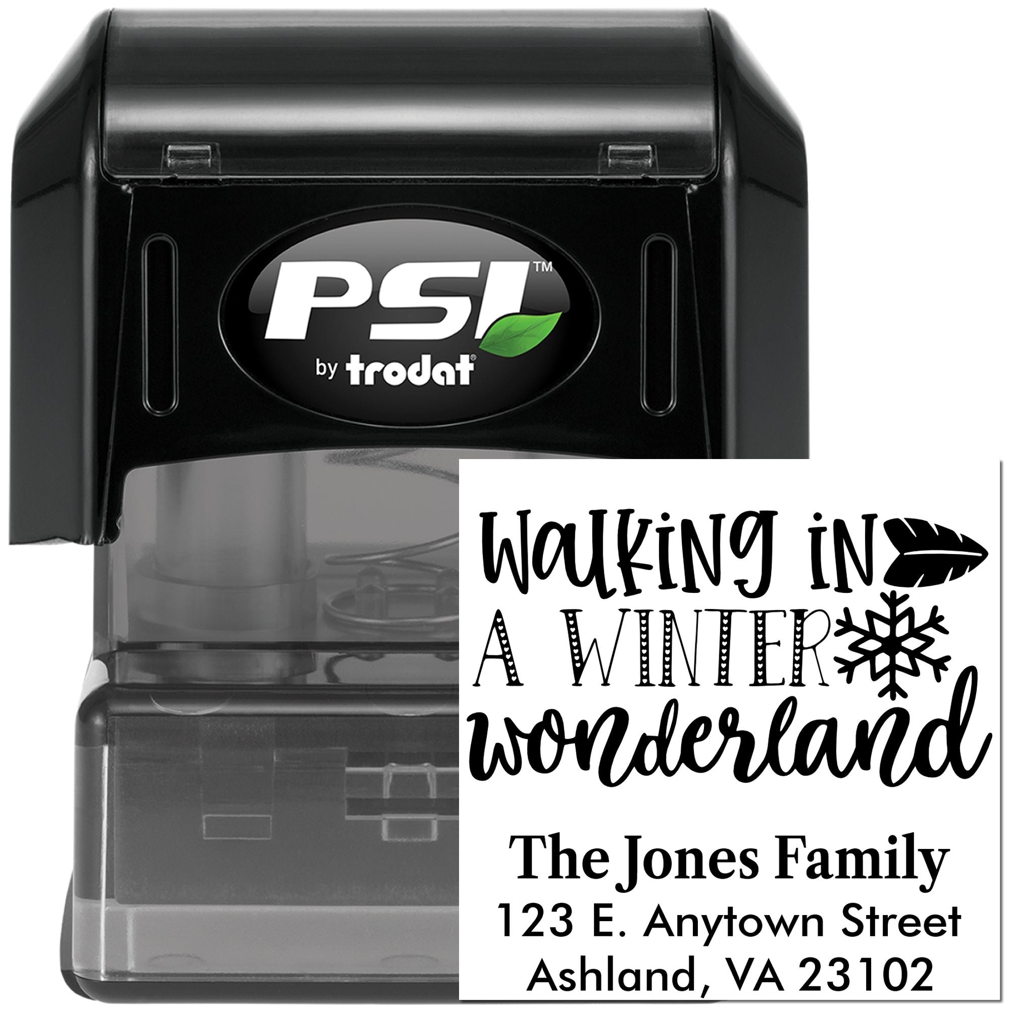 Custom self-inking rubber address stamp by PSI Trodat featuring Walking in a Winter Wonderland holiday return address.