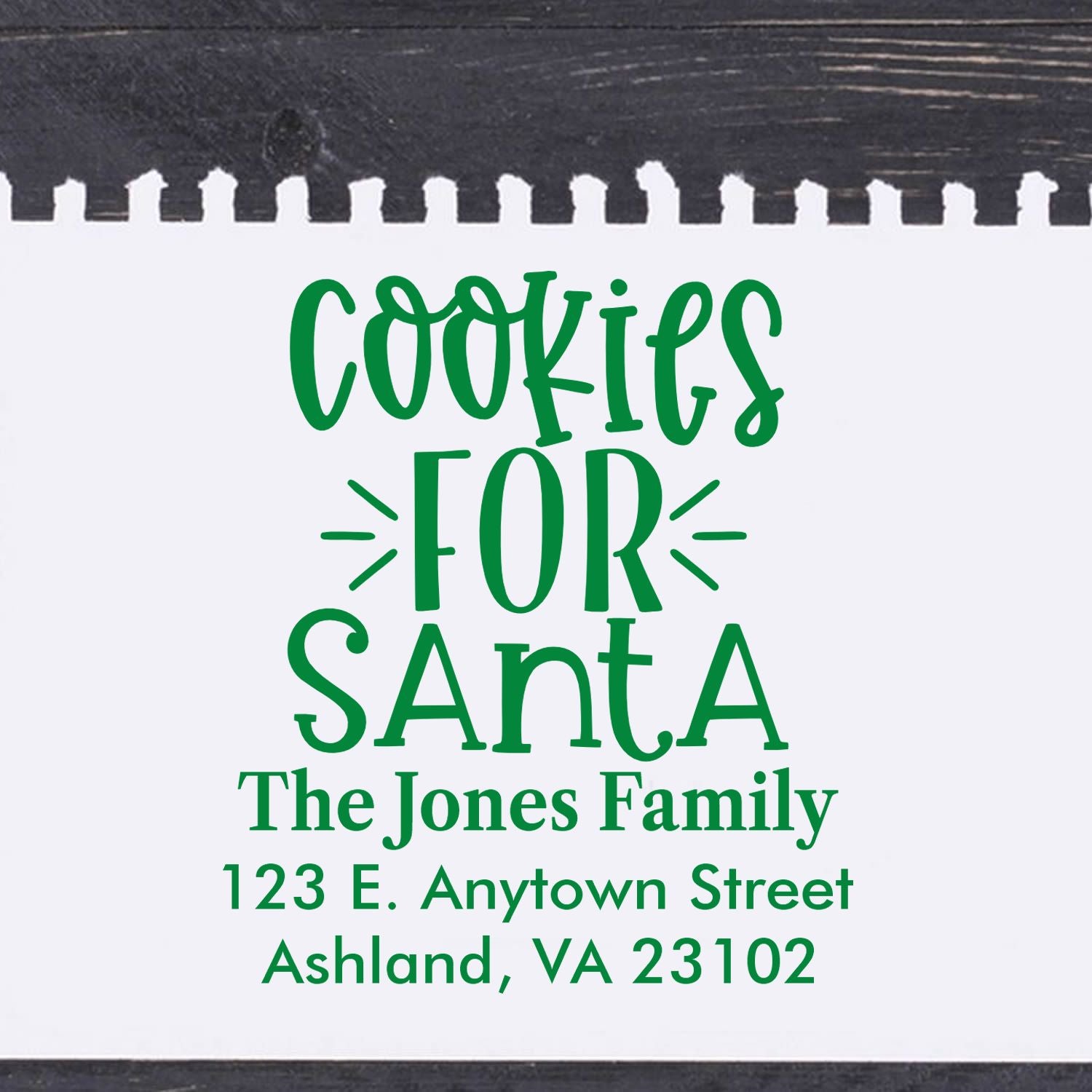 Custom Cookies for Santa rubber stamp for The Jones Family, with address, for Christmas baking and holiday tags.