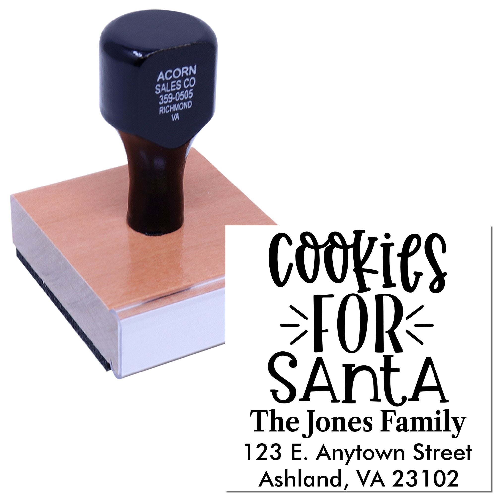 Personalized Christmas rubber stamp for Cookies for Santa, featuring family name and address imprint