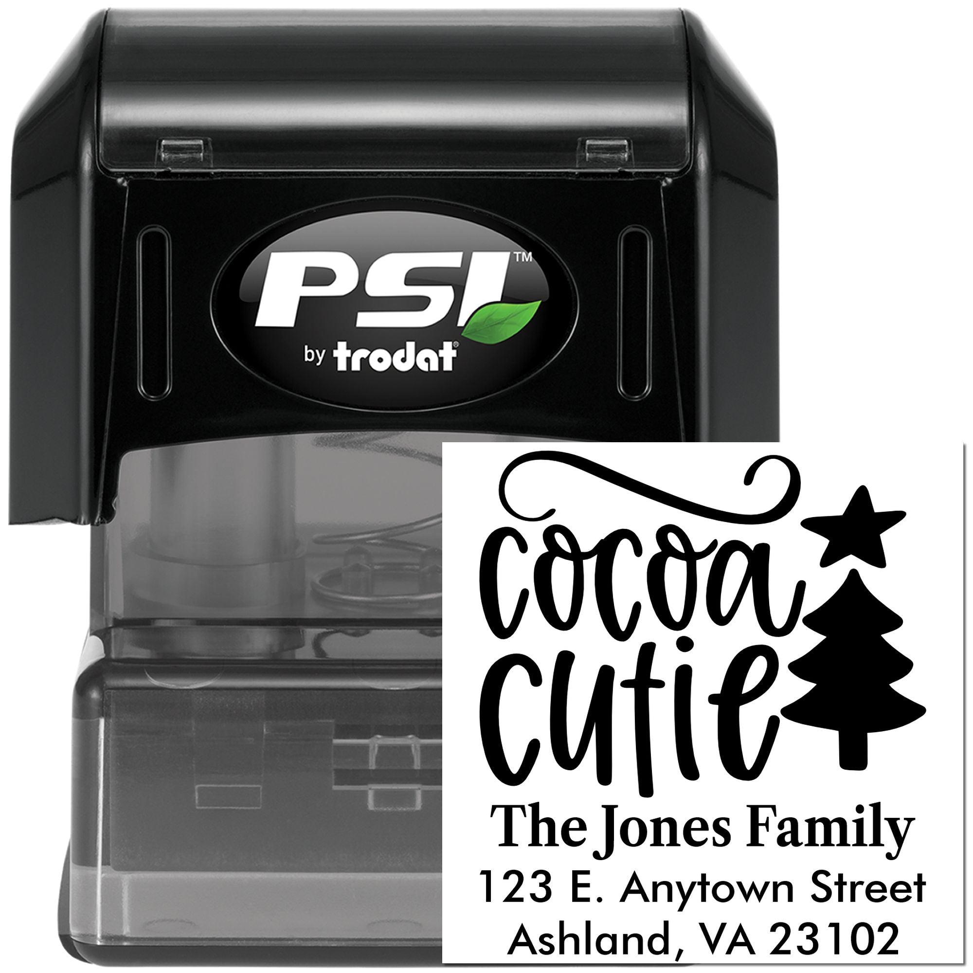 PSI by Trodat custom self-inking rubber stamp with Cocoa Cutie family return address design for holiday mailings