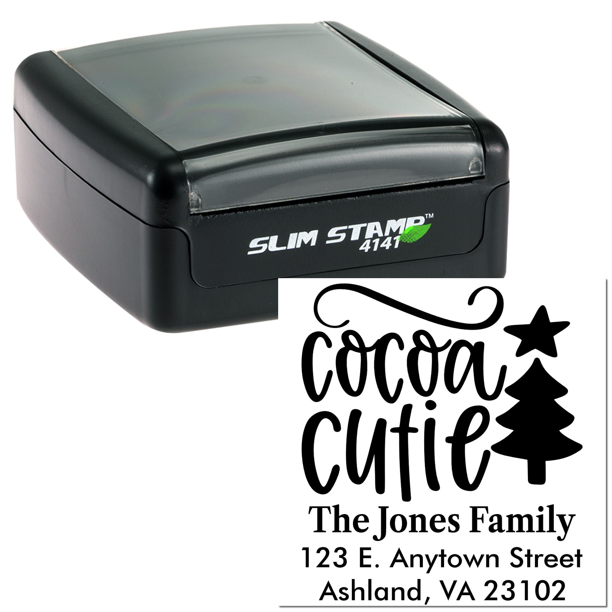 Custom holiday return address rubber stamp with Cocoa and Cutie design, Slim Stamp 4141, for The Jones Family.