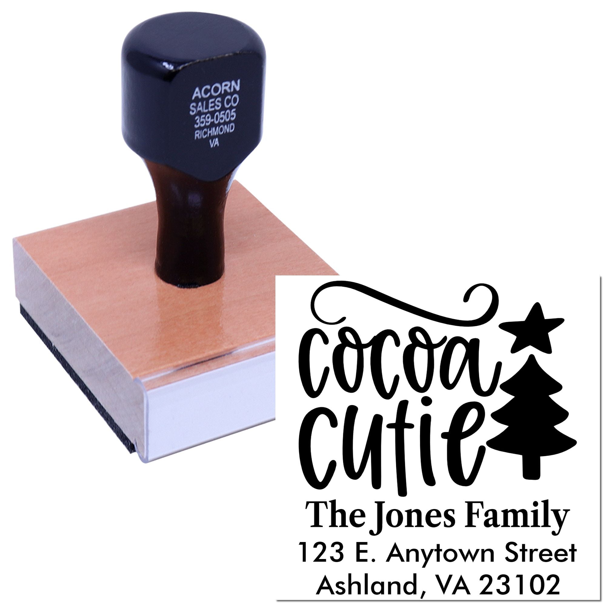 Custom self-inking rubber stamp with personalized Cocoa Cutie family address design for holiday mailing and cards.