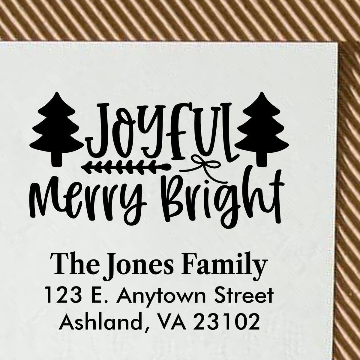 Personalized Christmas address rubber stamp with Joyful Merry Bright for holiday cards and festive mailings.
