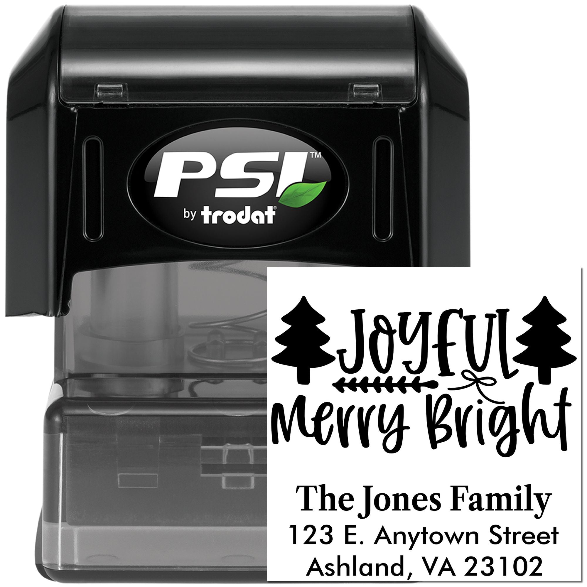 PSI by Trodat self-inking rubber stamp with custom holiday address stamp design reading Joyful Merry Bright for Christmas cards.