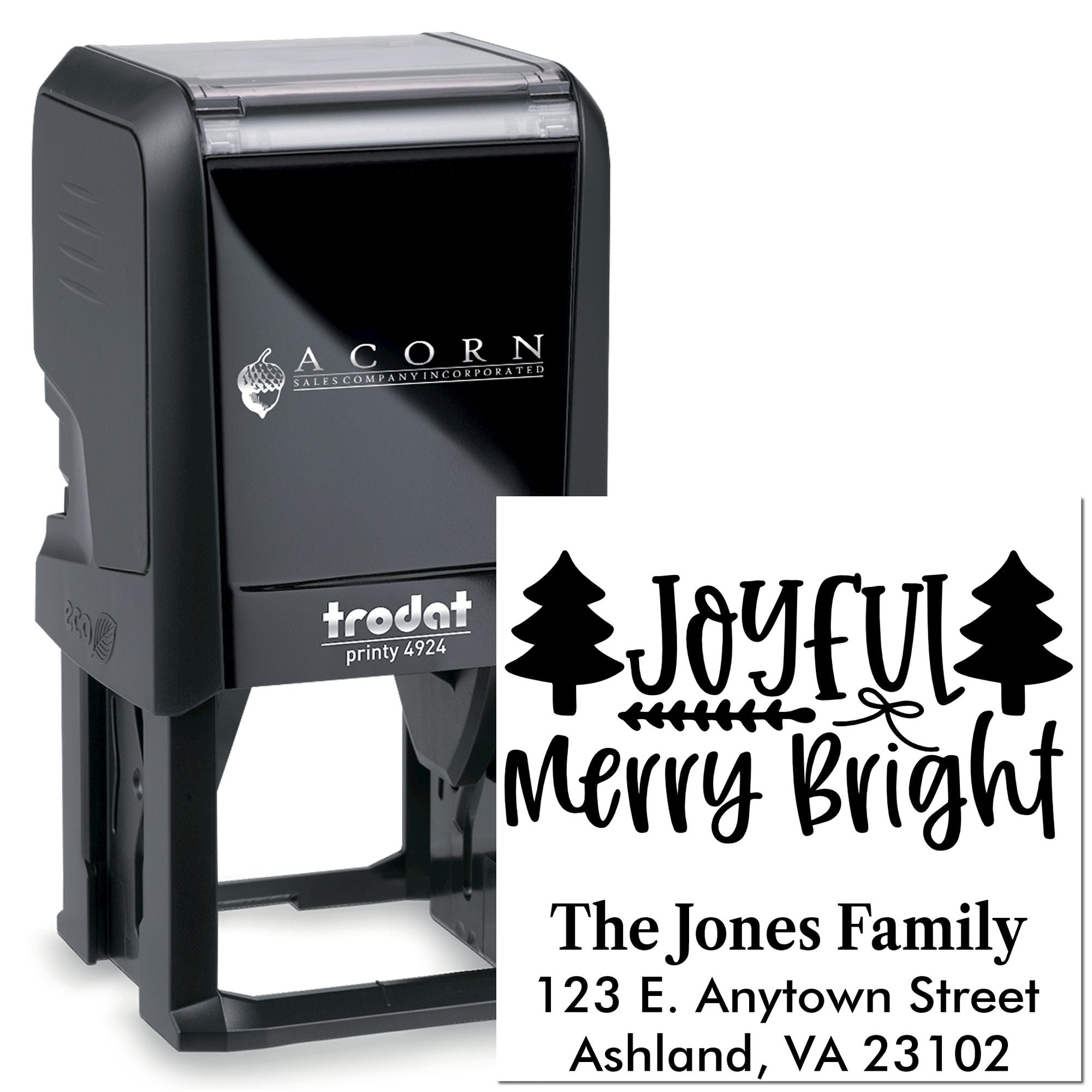 Personalized self-inking rubber stamp for holiday mailings, featuring Joyful, Merry, Bright and a custom family return address.