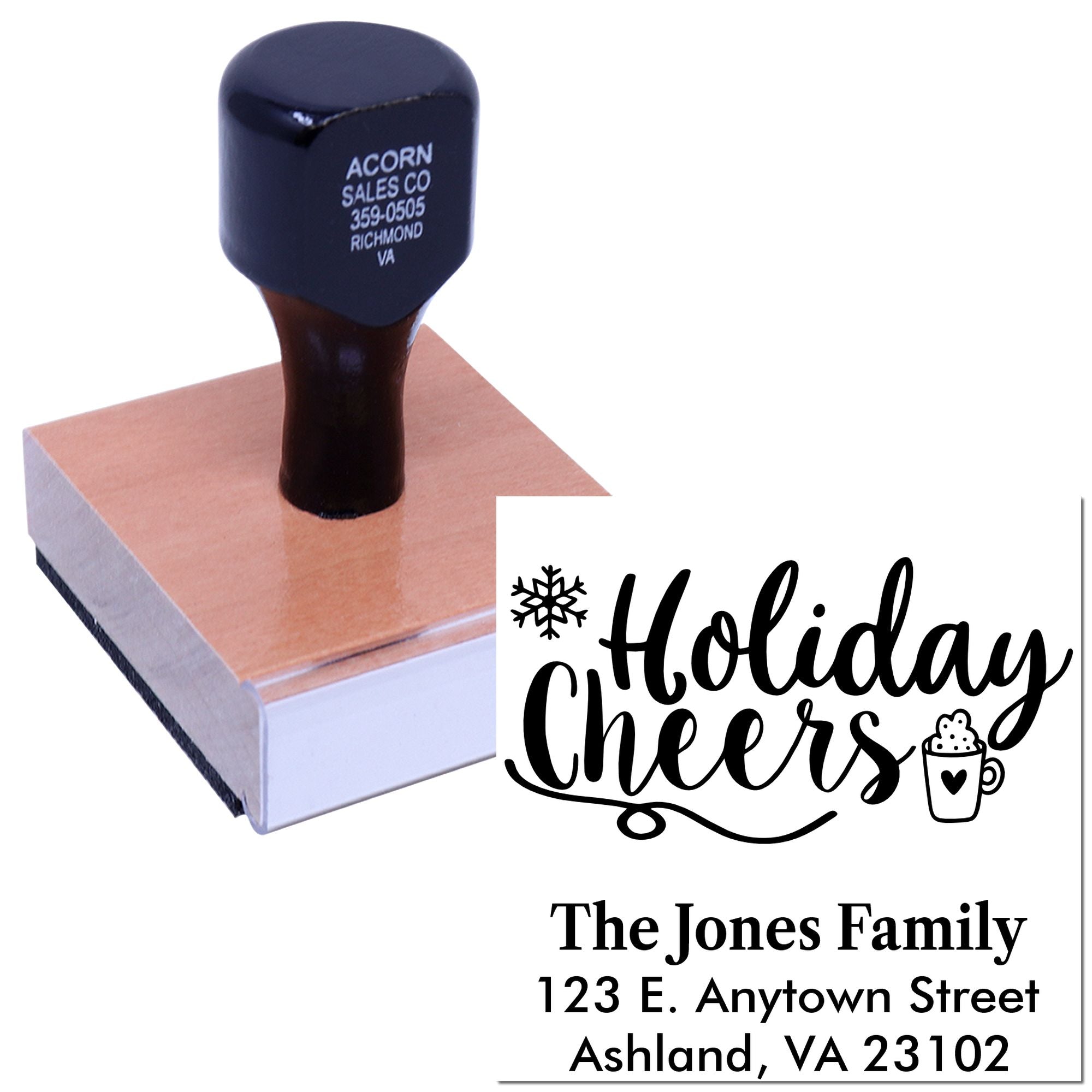 Custom holiday address rubber stamp with festive Holiday Cheers design and personalized family return address.