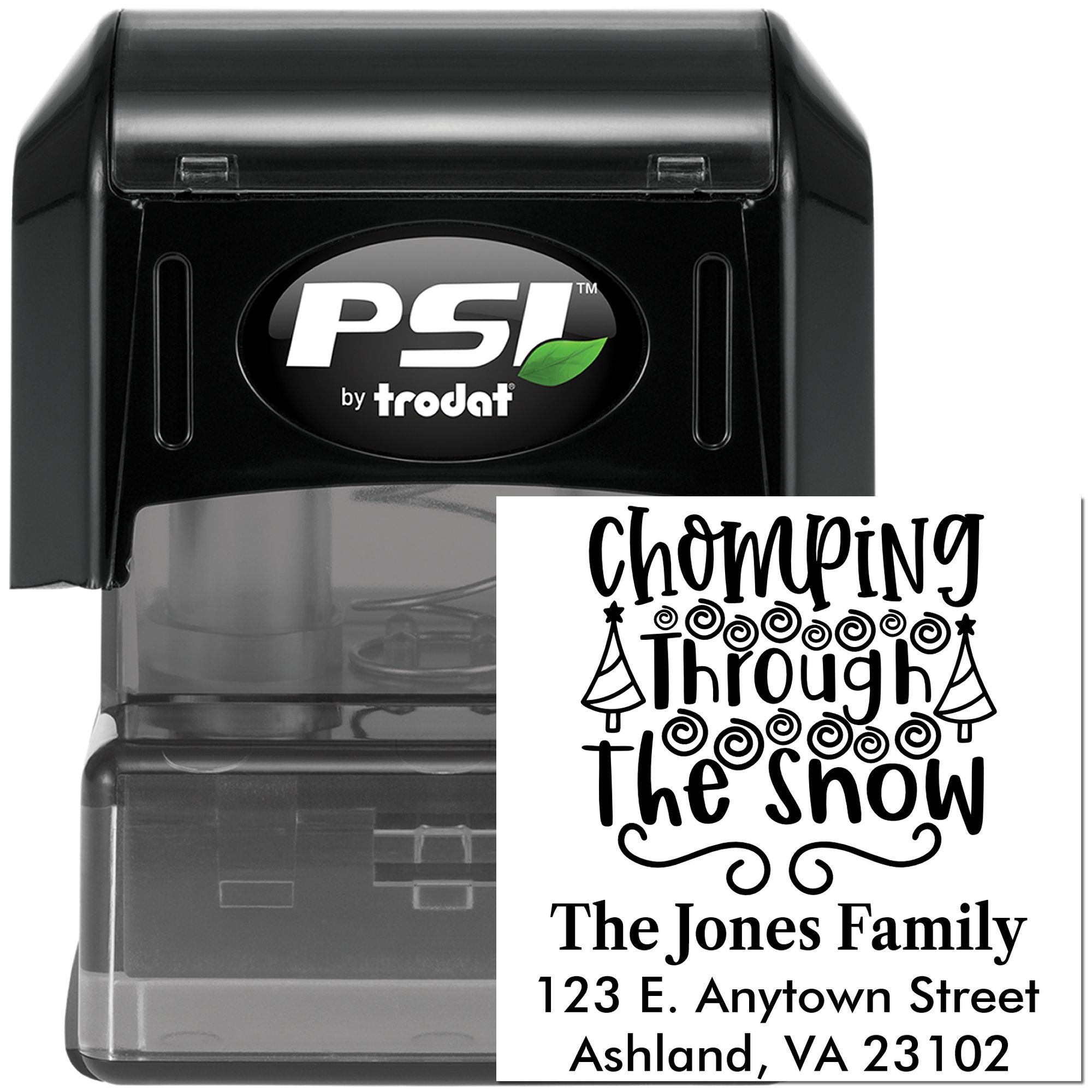 Custom self-inking rubber stamp by PSI Trodat with Chomping Through the Snow family address design for holiday mail.