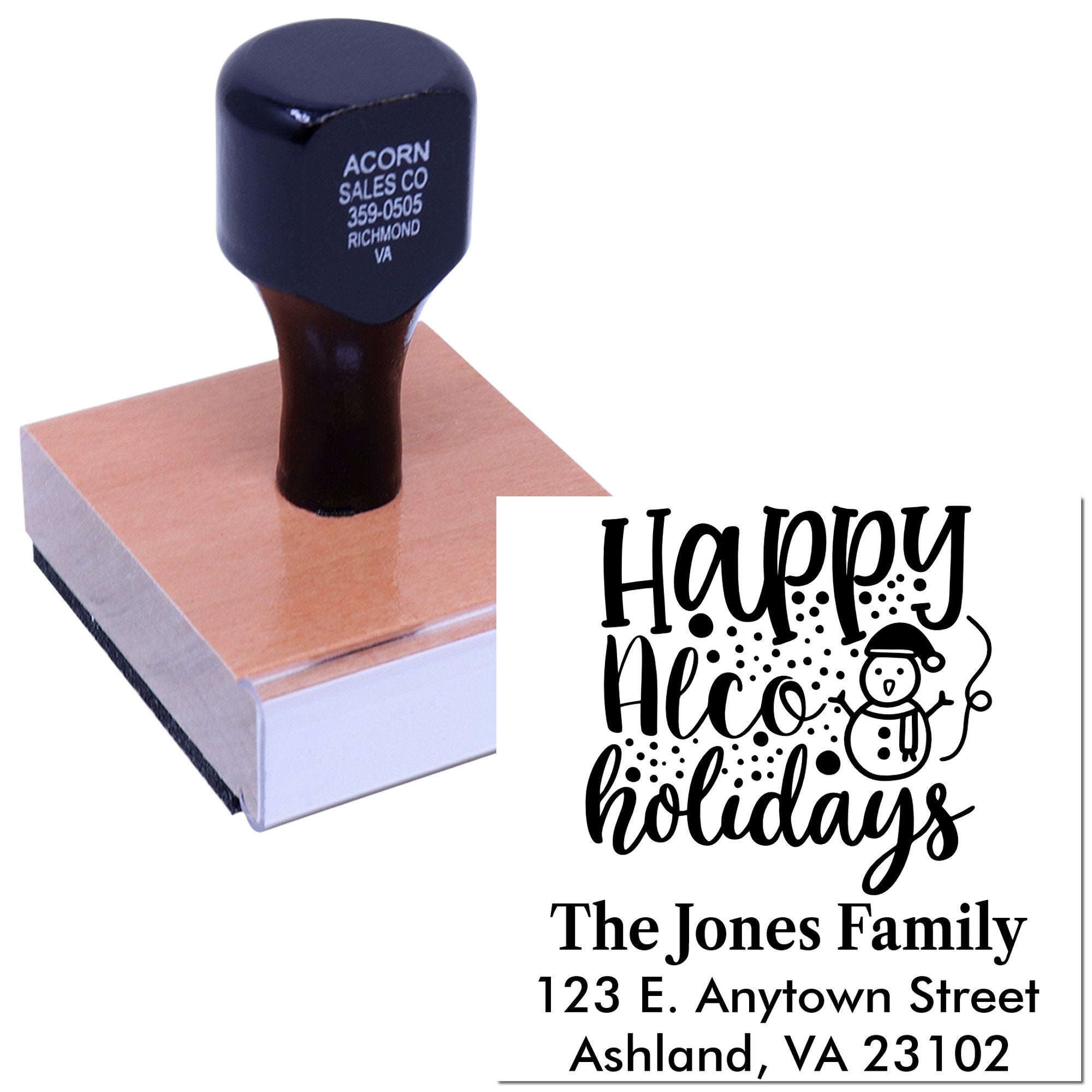Custom holiday address rubber stamp with snowman design, personalized with family name and address for festive mailings.