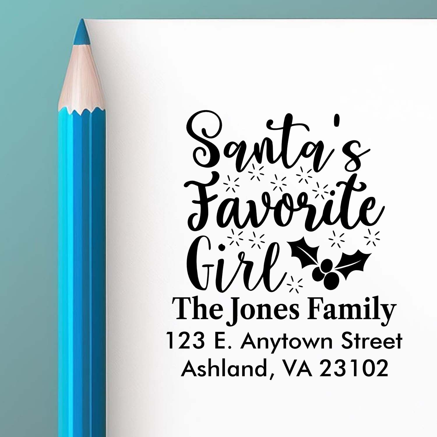 Custom Santas Favorite Girl holiday rubber stamp with personalized family name and return address for festive Christmas mail.