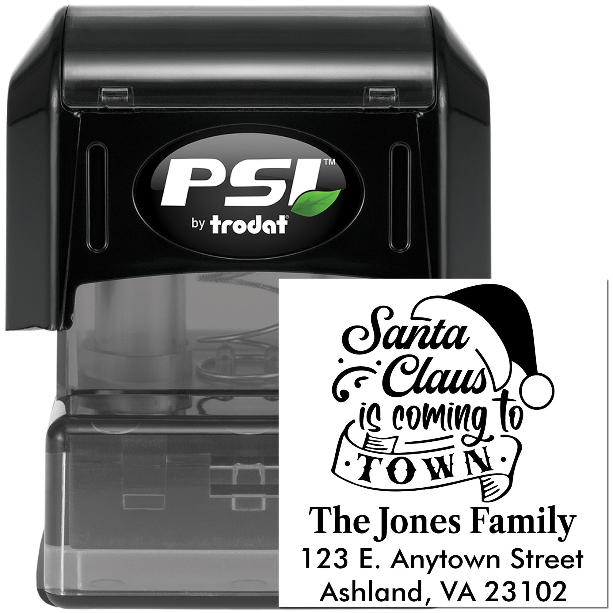 PSI by Trodat self-inking custom rubber stamp with Santa Claus is Coming to Town return address design
