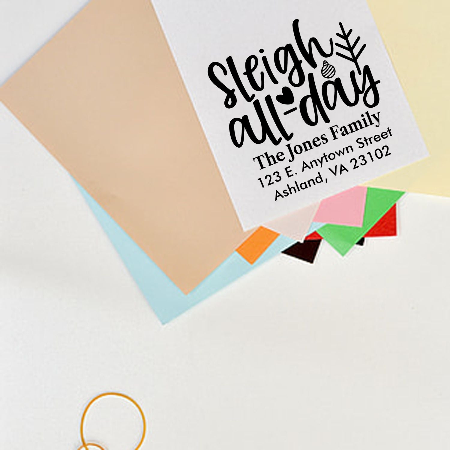 Custom holiday rubber stamp with Sleigh All-Day return address for festive Christmas cards and envelopes.