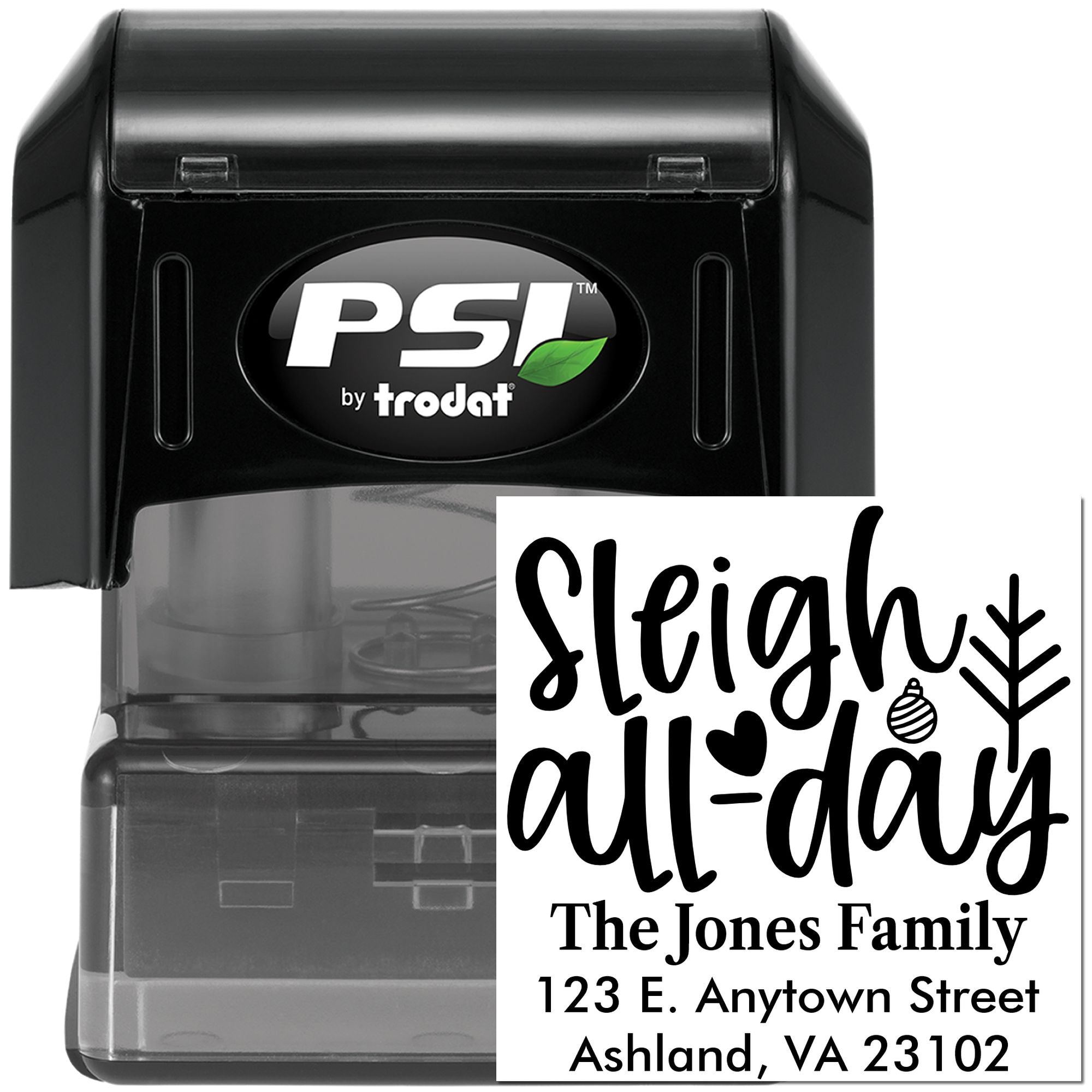 Custom self-inking address stamp by PSI Trodat with Sleigh all-day holiday return address design for The Jones Family.