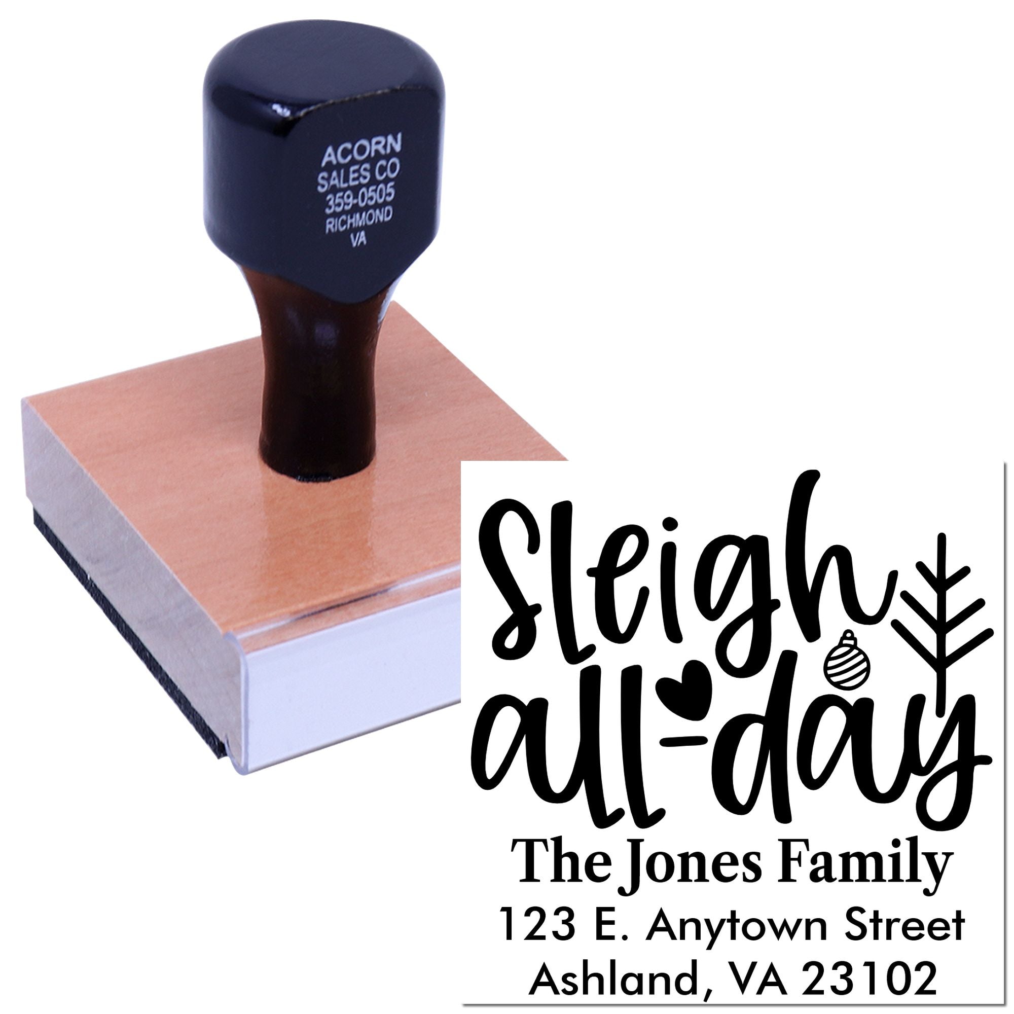 Custom holiday address rubber stamp with Sleigh all-day design for personalized Christmas cards and festive mailings.