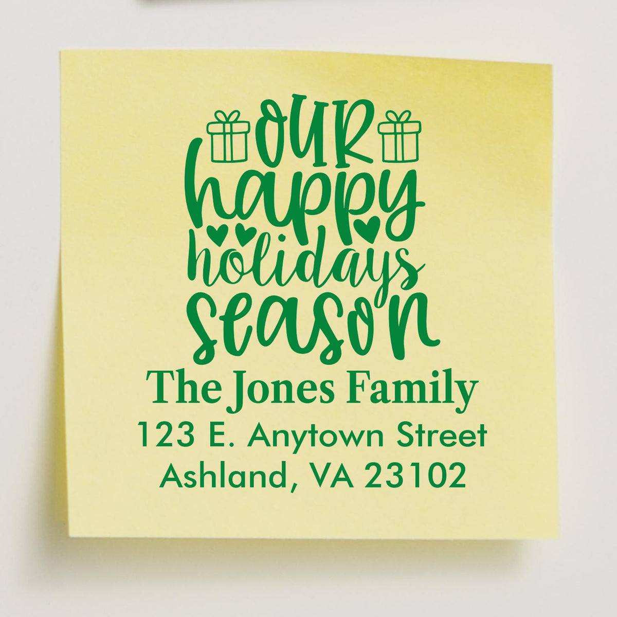 Custom holiday return address rubber stamp with Our Happy Holidays Season and personalized family name and address.