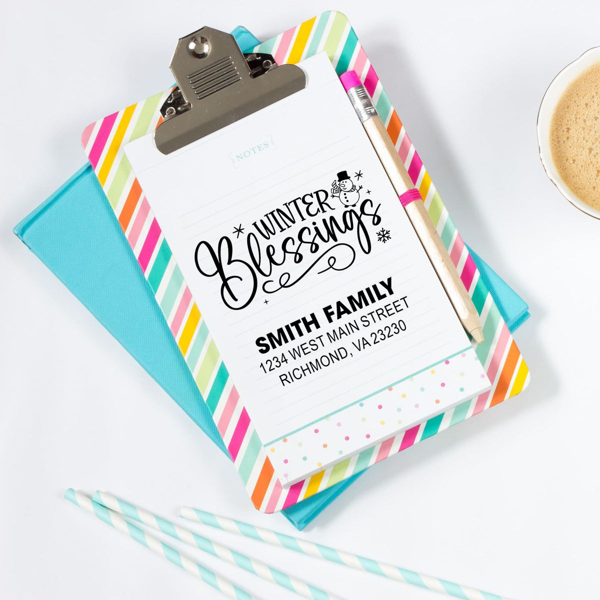 Personalized Winter Blessings return address rubber stamp for holiday cards and festive seasonal mailing.