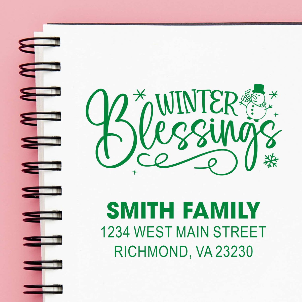 Custom winter blessings rubber stamp with Smith family name and address for holiday cards and envelopes.