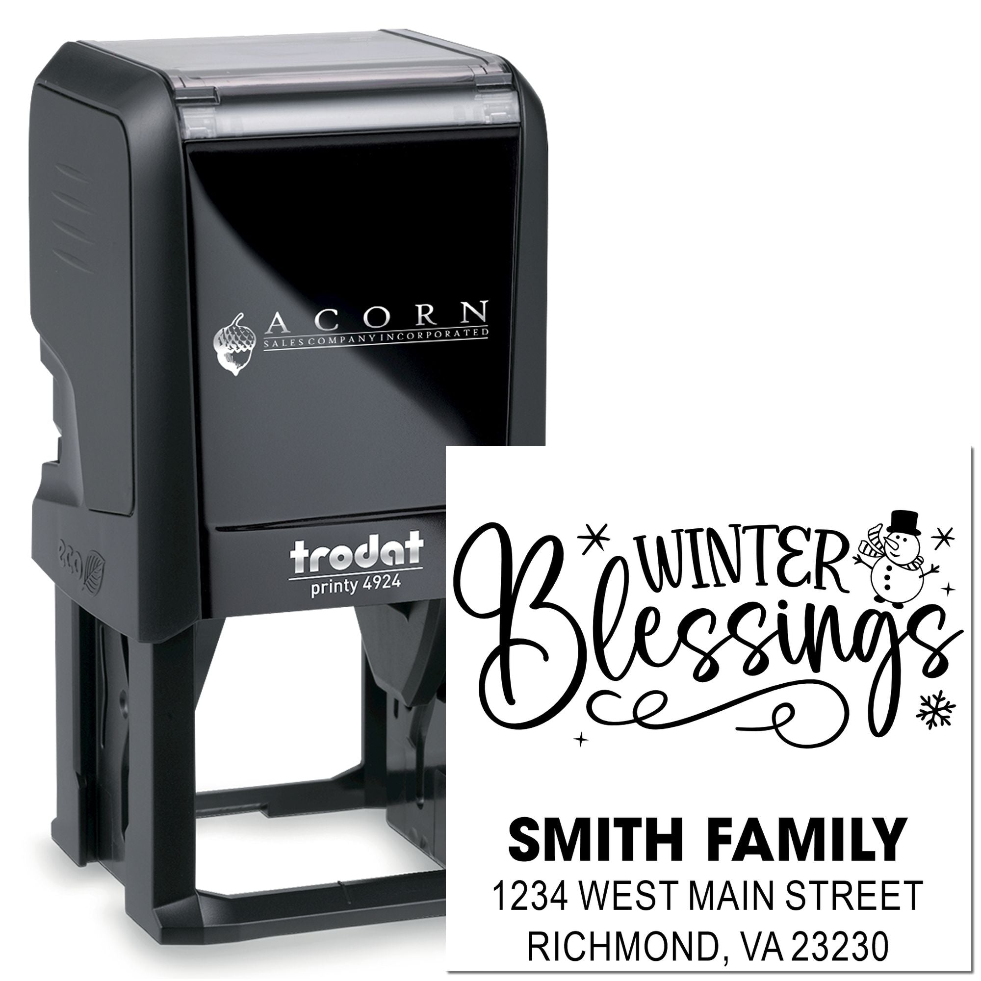 Custom self-inking rubber stamp with Winter Blessings and Smith Family return address for holiday cards.