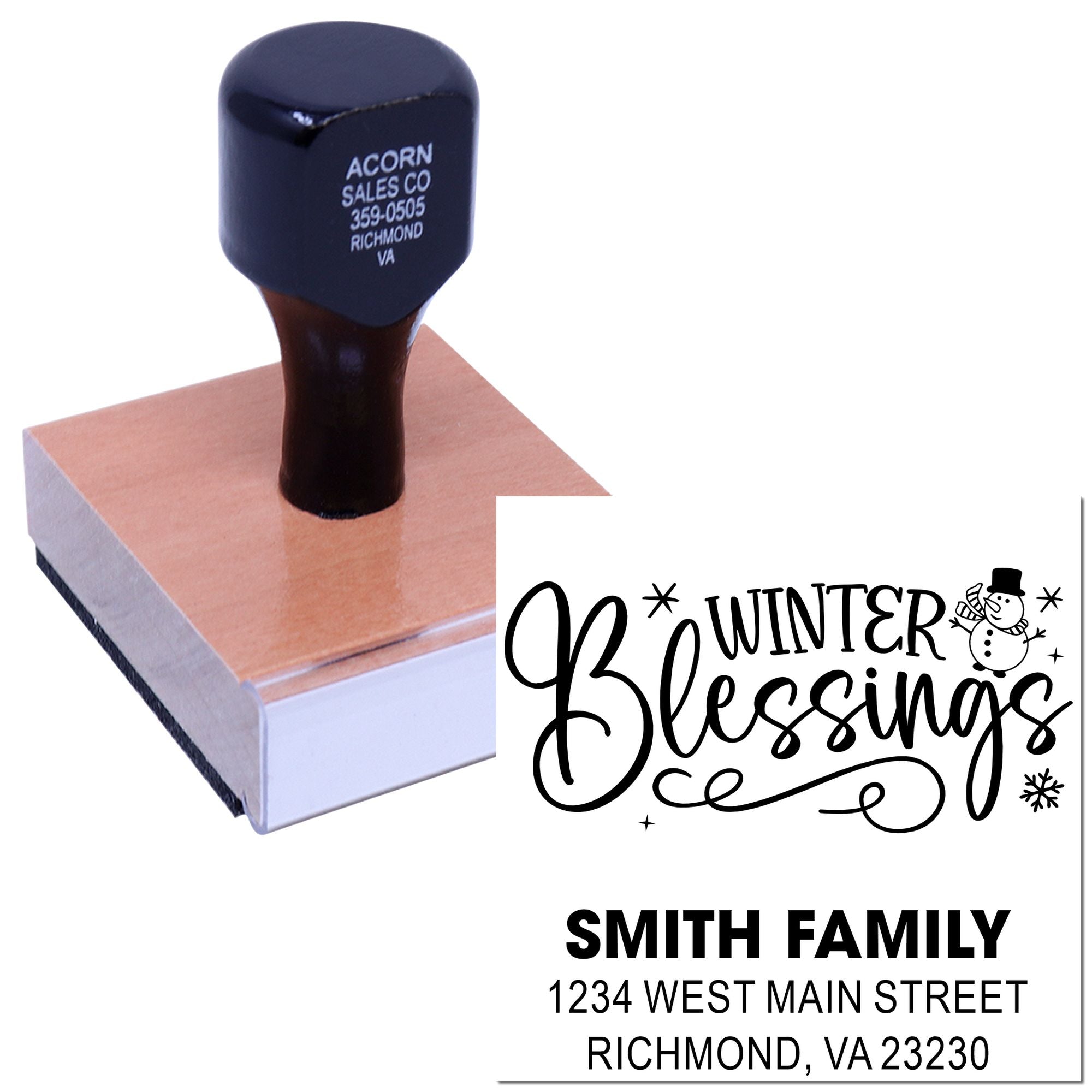 Personalized Winter Blessings rubber stamp with family name and address for holiday cards and seasonal mailings.