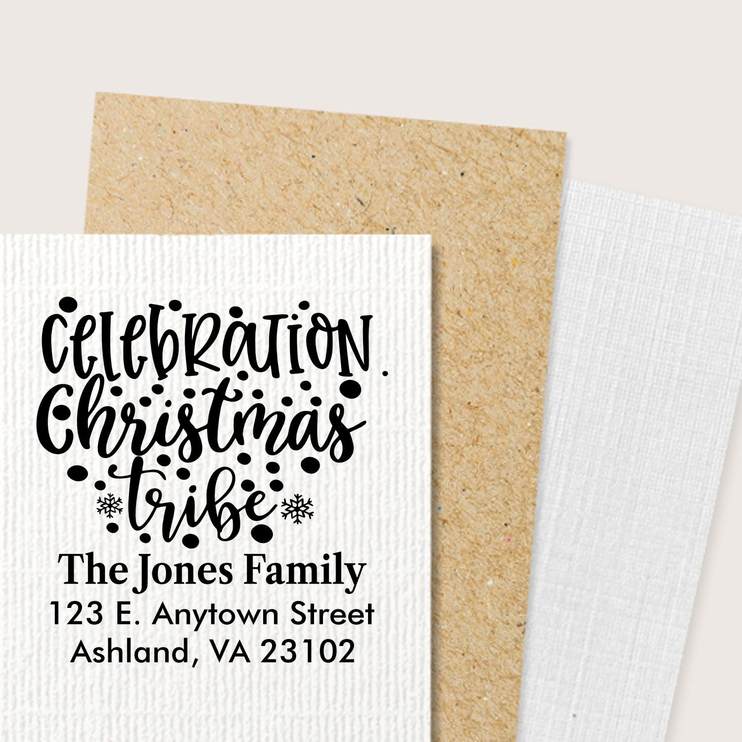 Personalized Christmas Tribe rubber stamp with family name and address for holiday cards.