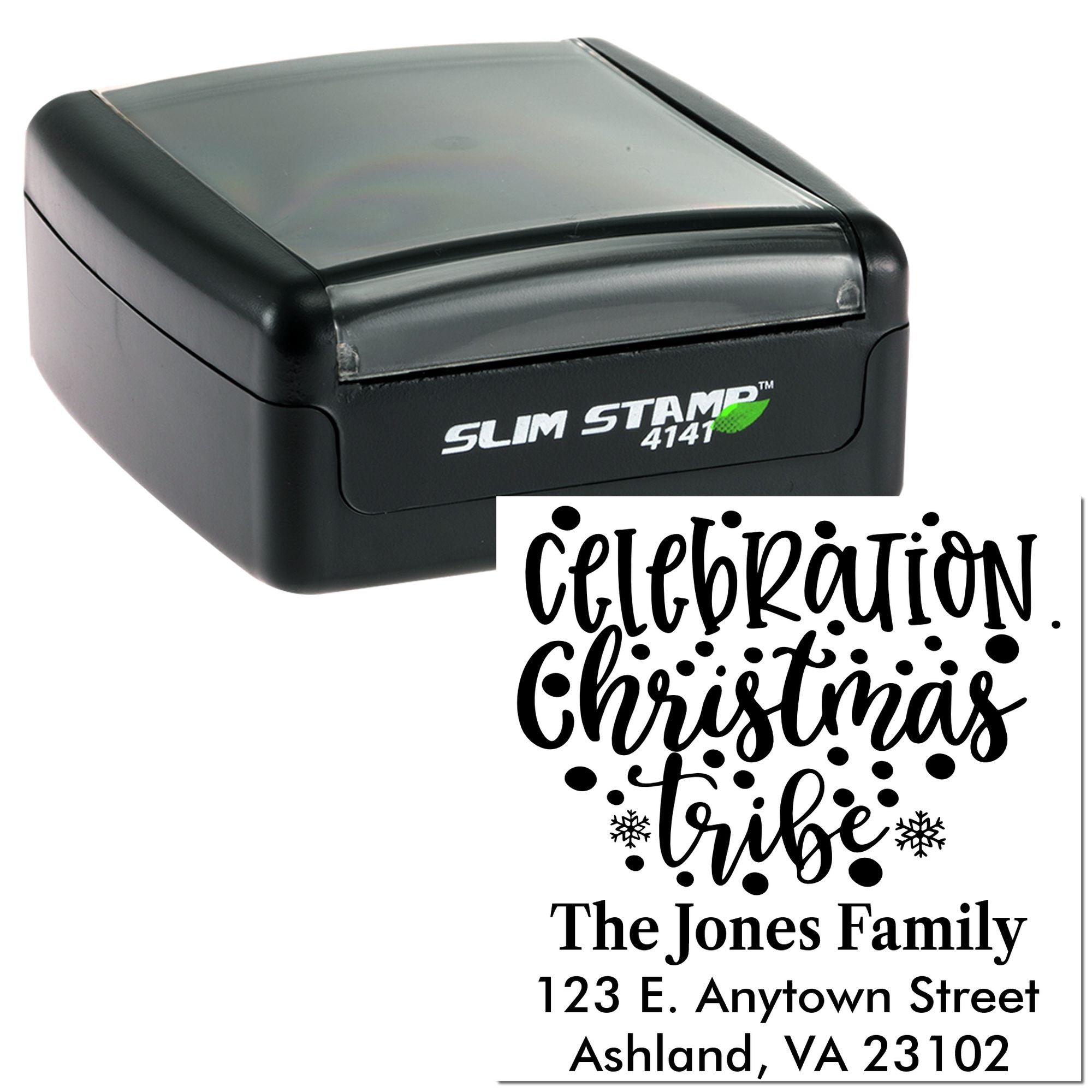 Custom self-inking rubber stamp with Celebration Christmas Tribe design and The Jones Family return address, Slim Stamp 4141.