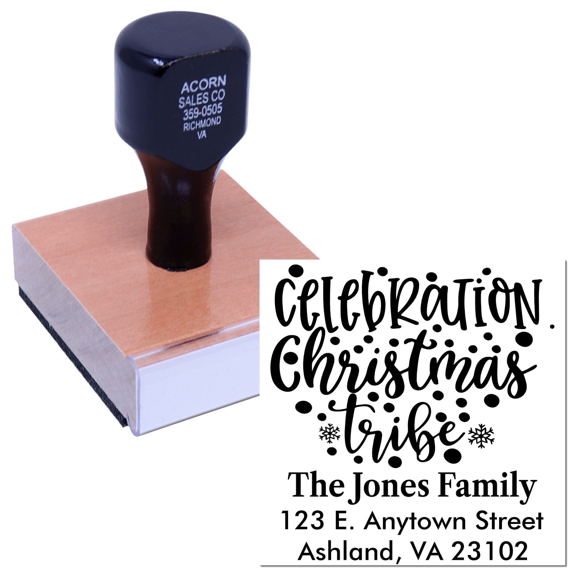 Custom Christmas family rubber stamp with address and festive Celebration Christmas Tribe design for holiday cards.