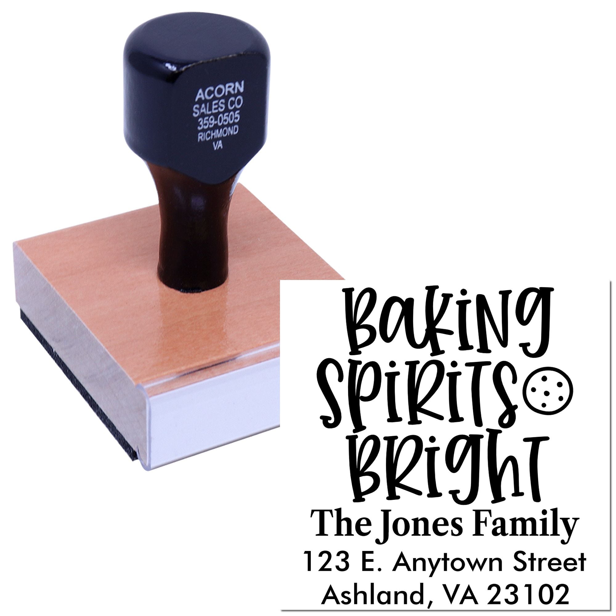 Personalized rubber stamp for holiday mailing, featuring Baking Spirits Bright with The Jones Family return address.