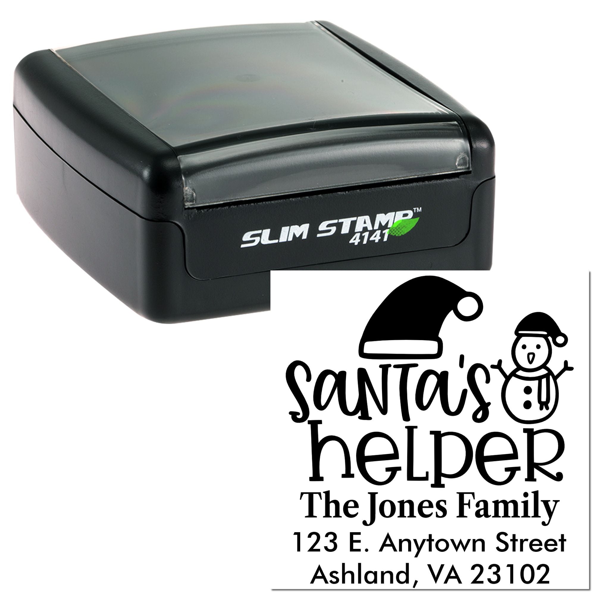 Custom self-inking rubber stamp with Santa's helper return address design for The Jones Family, Slim Stamp 4141