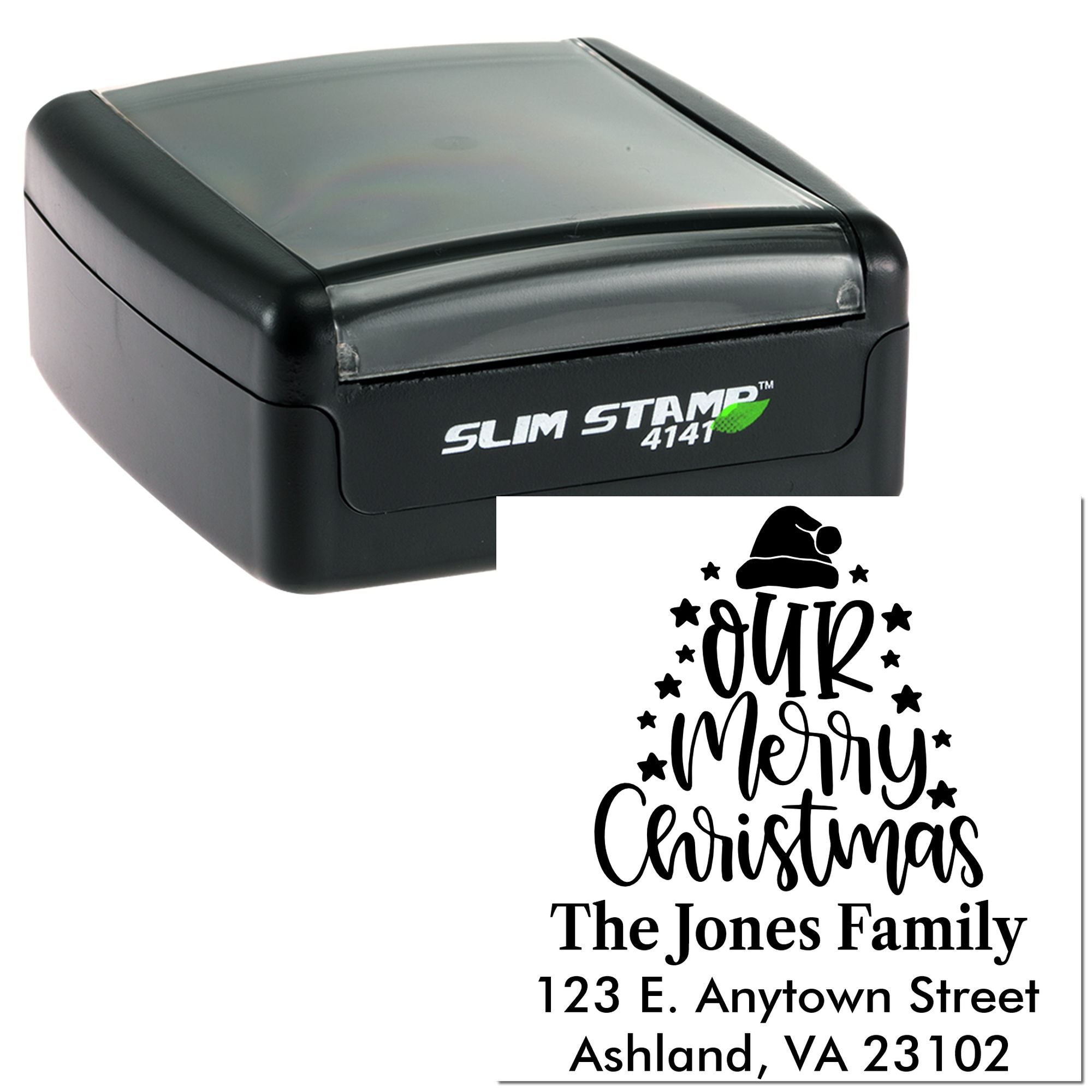 Custom self-inking Christmas return address rubber stamp with Slim Stamp case and festive family holiday design.